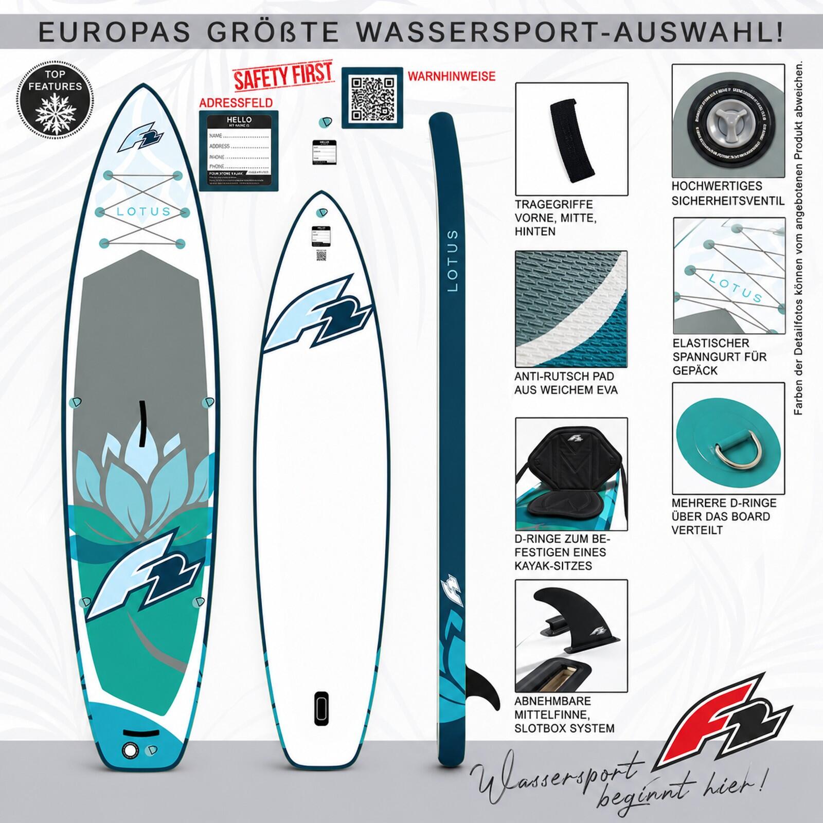 F2 Set Damen Stand Up Paddle Board Lotus Blau 10,2 + Kajak Zubehör Paket 2/7