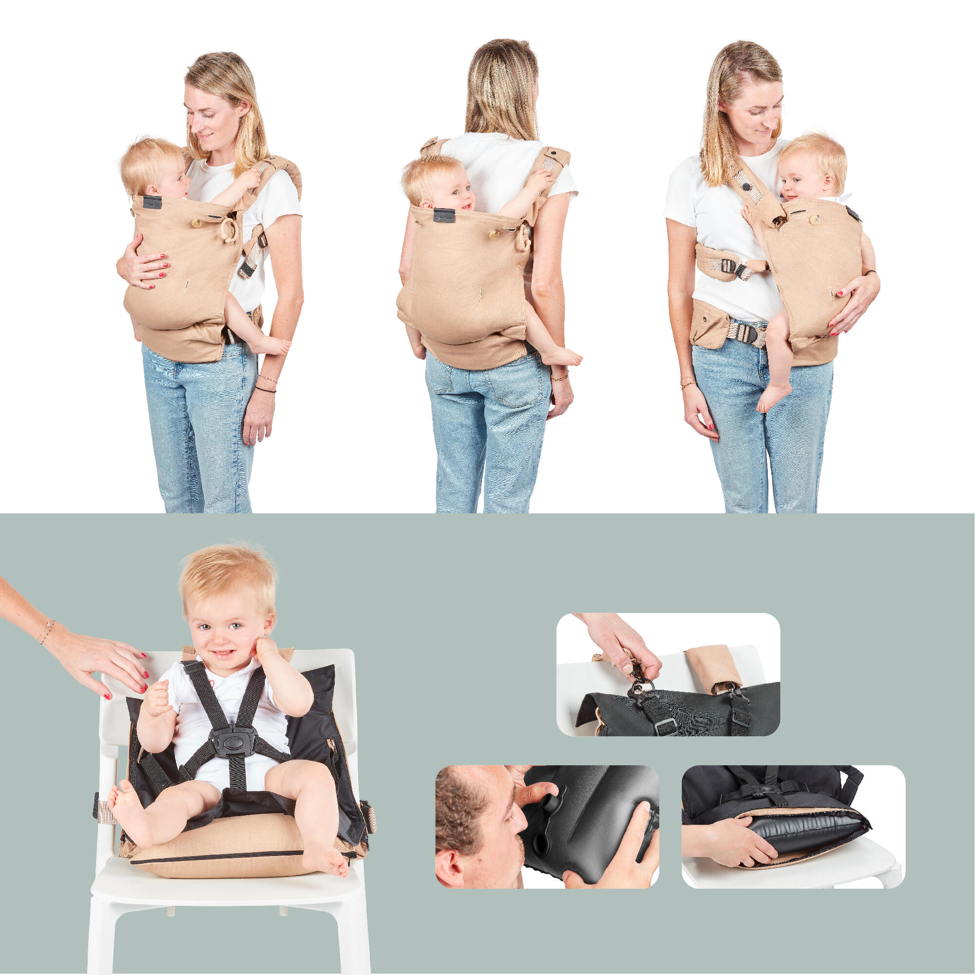 Patentierte Babytrage Moov & Boost, Mitwachsend und Ergonomisch - Beige 4/4
