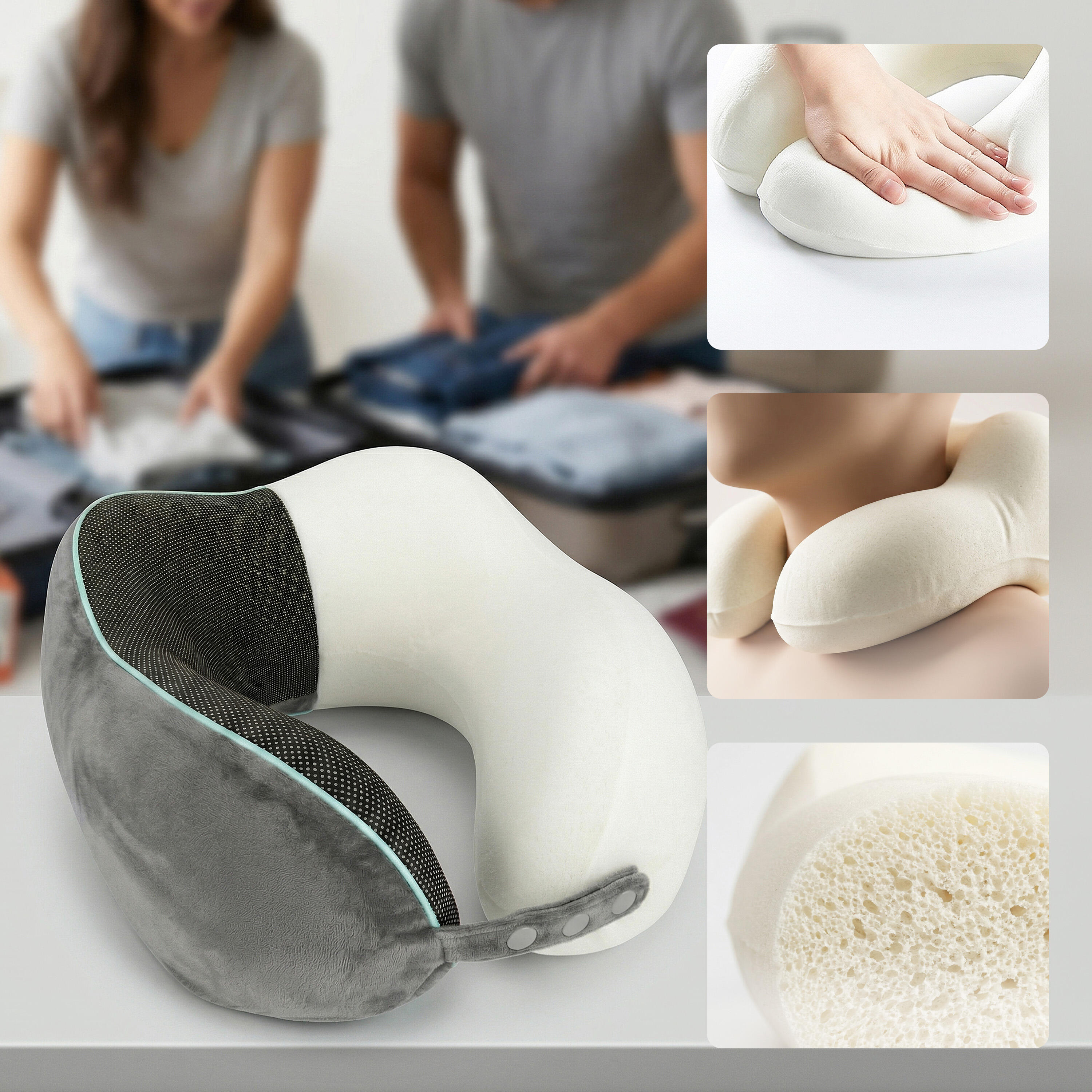 Coussin de Voyage Cervical Memory Foam avec Soutien du Menton et Support 360°. 2/7