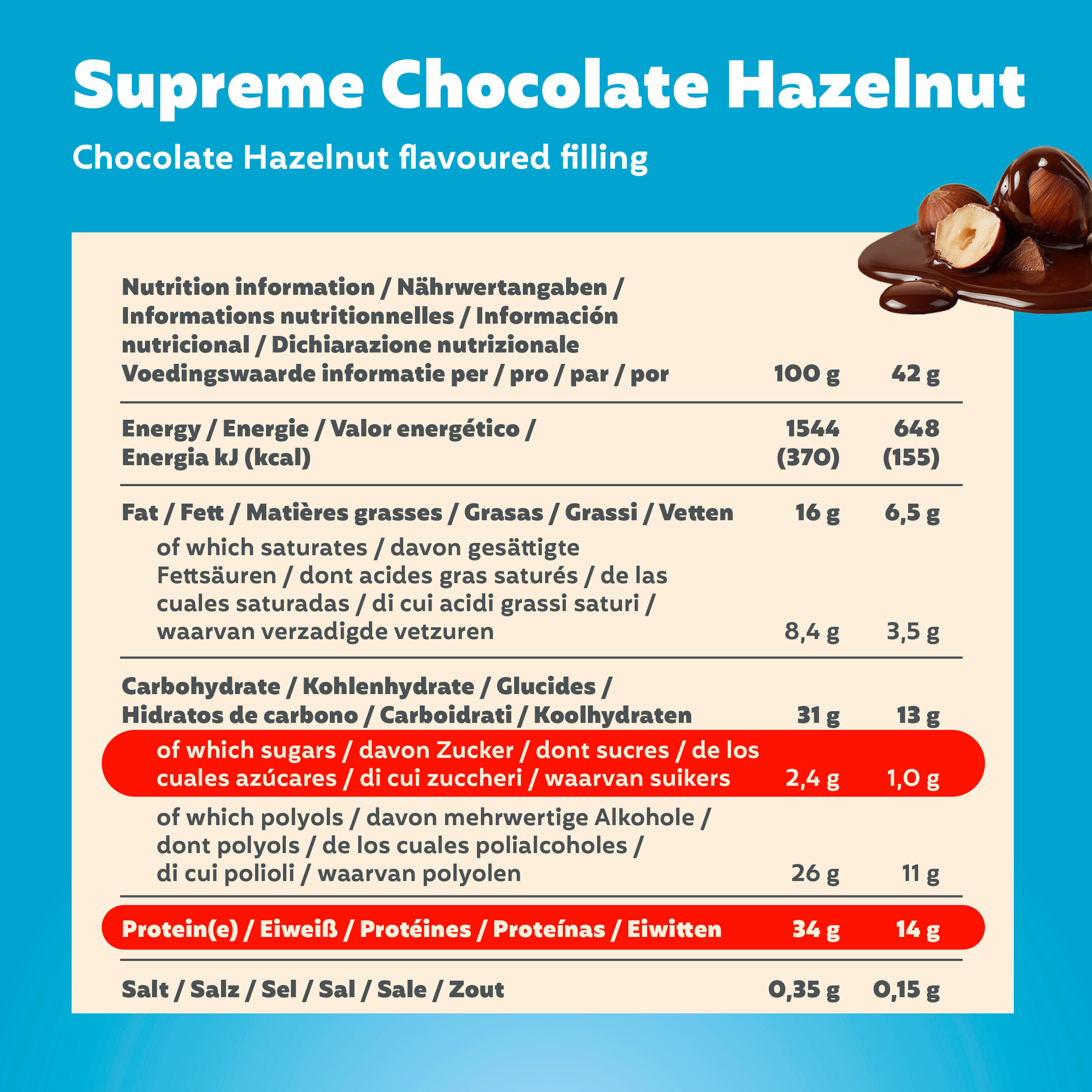 Supreme Bar Chocolate Hazelnut 12x42g Low Sugar palmölfrei 5/5