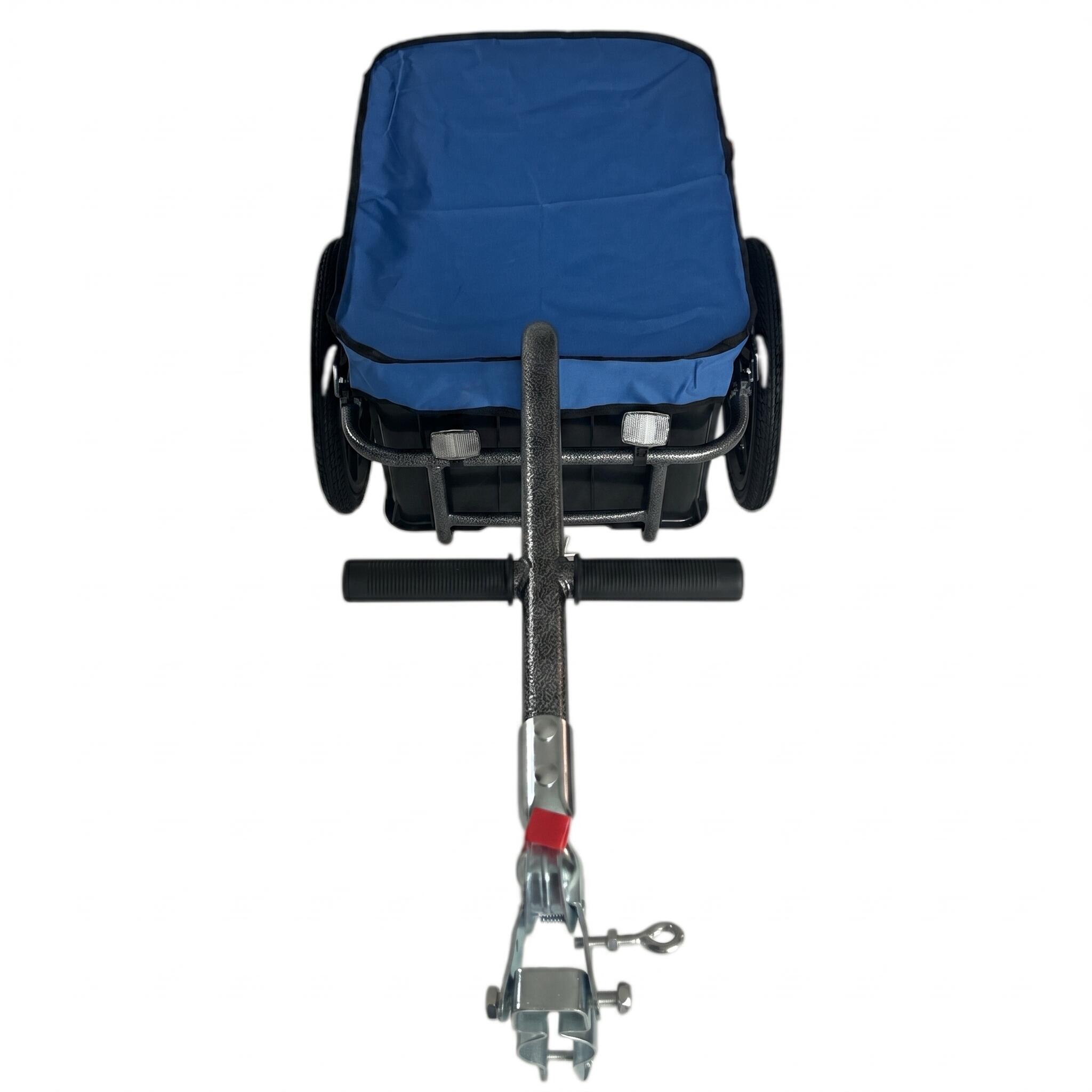 Rimorchio per bicicletta blu, con cassa 70L, catarifrangenti 3/4