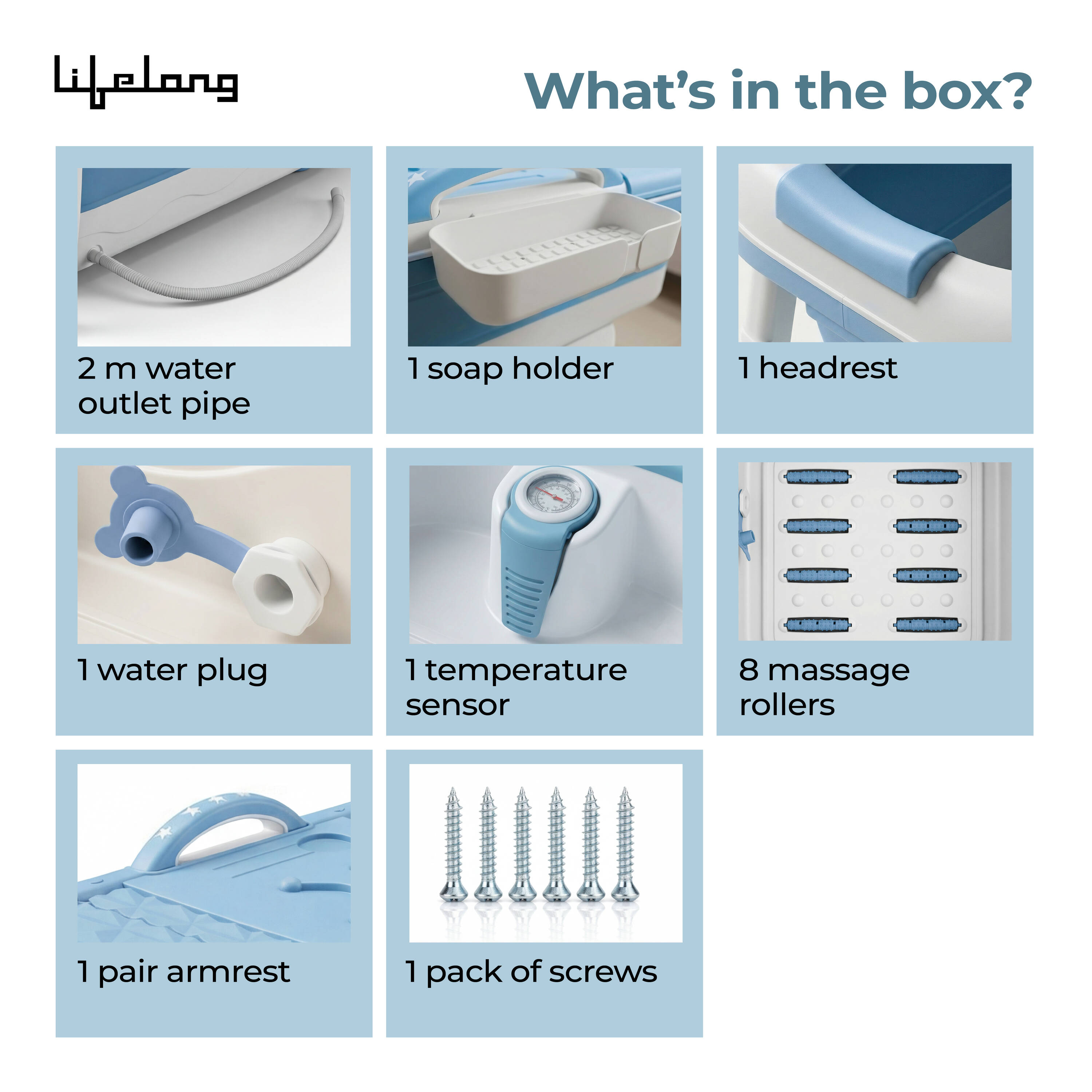 Lifelong Bath Tub for Adults with a soft headrest, massage rollers, and a temperature sensor for safe, comfortable bathing. Durable and easy to drain, it’s ideal for hot or cold water at home. -  4