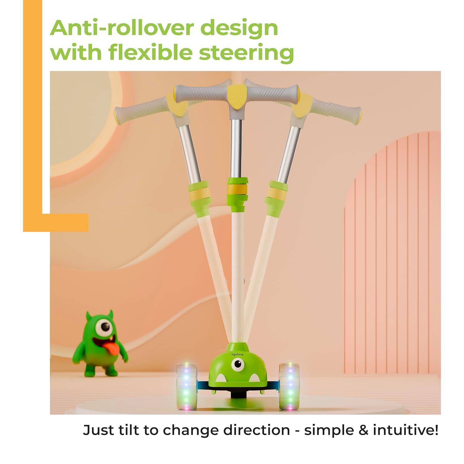 Lifelong Kids Scooter for Boys &amp; Girls| LED PU Wheels | 4-Level Adjustable Height | BIS Certified | 50Kg Capacity | Tilt-to-Turn Steering, Heavy, PPCP Body, Aluminum Handle, Green &amp; Yellow -  3