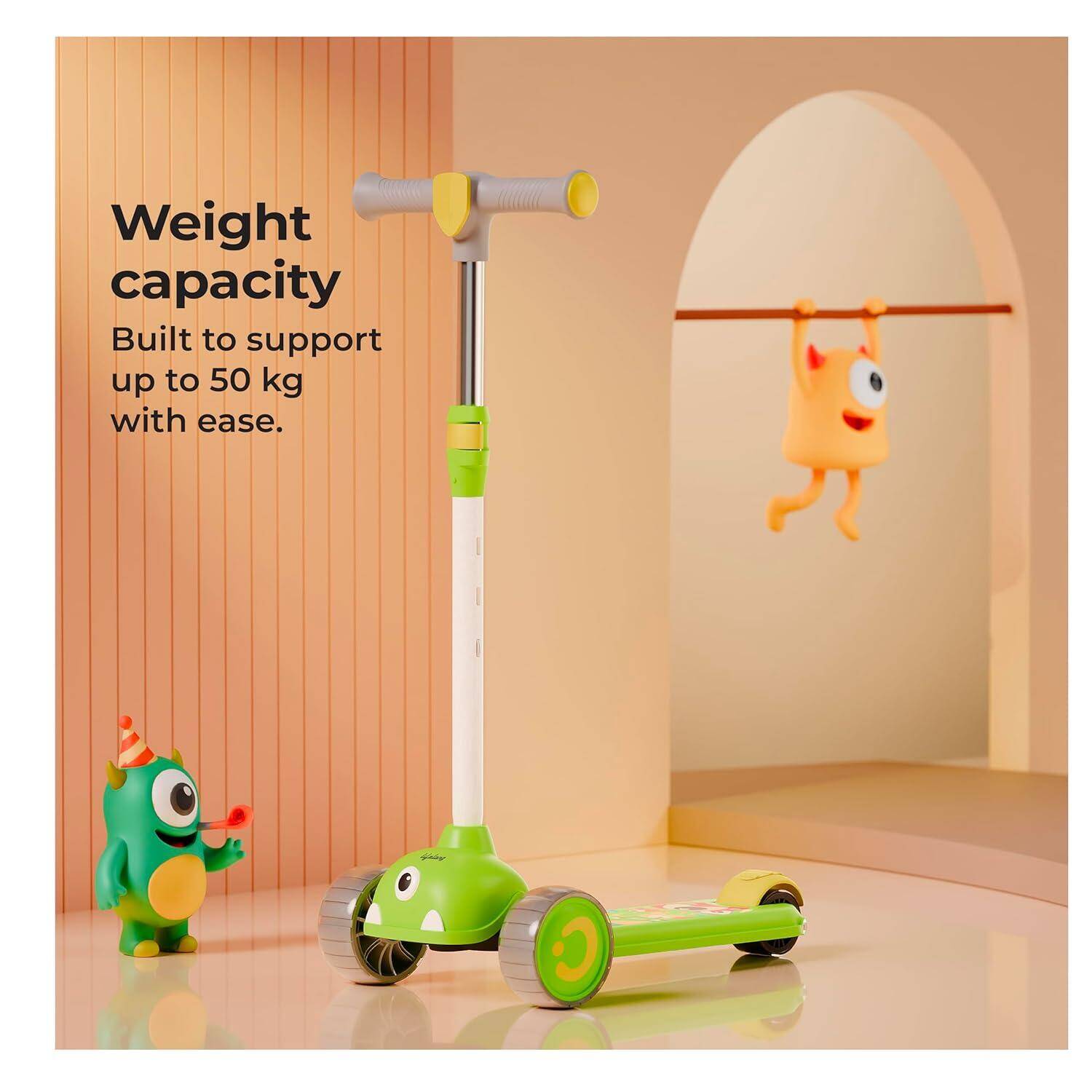 Lifelong Kids Scooter for Boys &amp; Girls| LED PU Wheels | 4-Level Adjustable Height | BIS Certified | 50Kg Capacity | Tilt-to-Turn Steering, Heavy, PPCP Body, Aluminum Handle, Green &amp; Yellow -  4