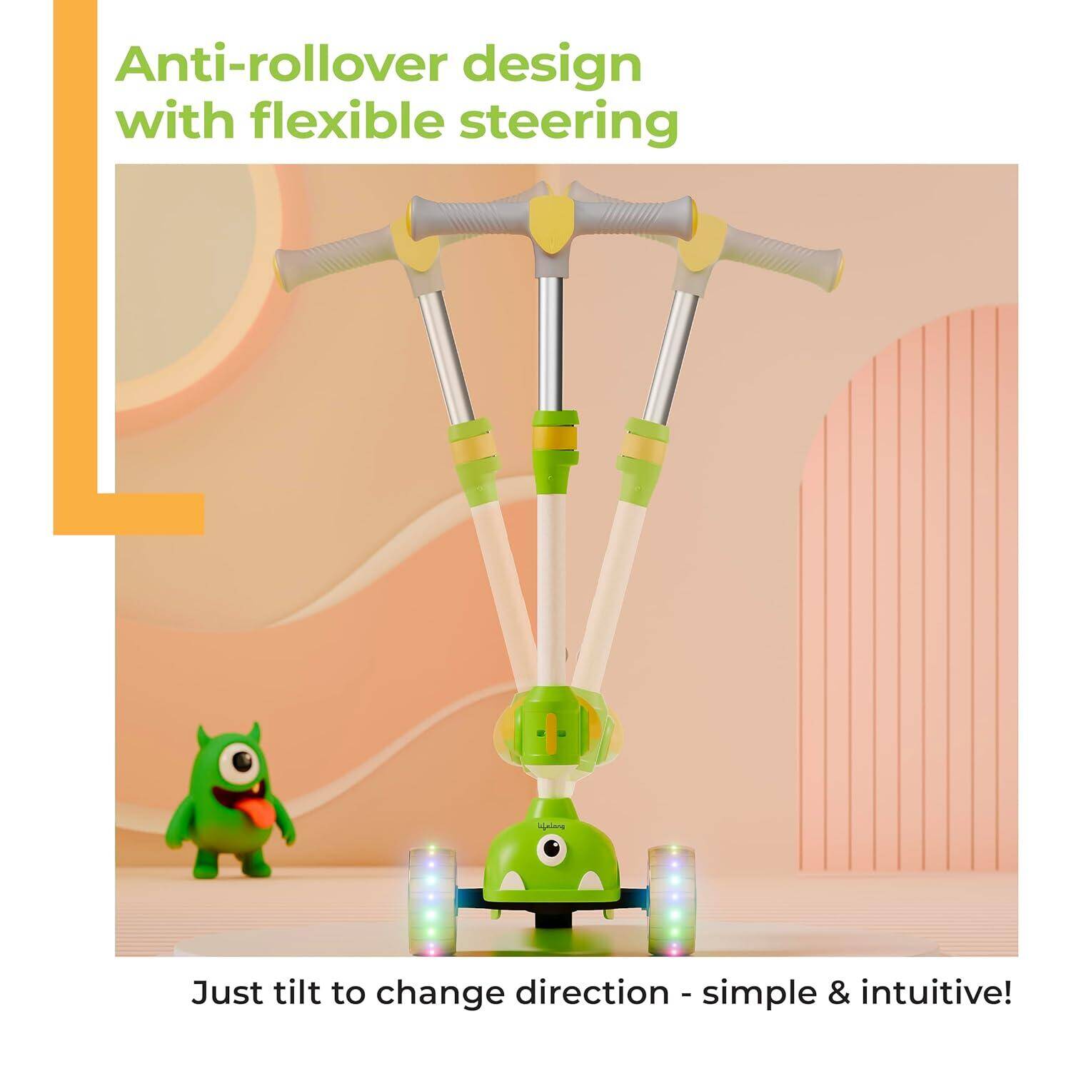 Lifelong Kids Scooter for Boys &amp; Girls | Foldable Seat | LED PU Wheels | 4-Level Adjustable Height | BIS Certified | 50Kg Capacity | PPCP Body, Nylon Base, Aluminum Handle (Green &amp; Yellow) -  3