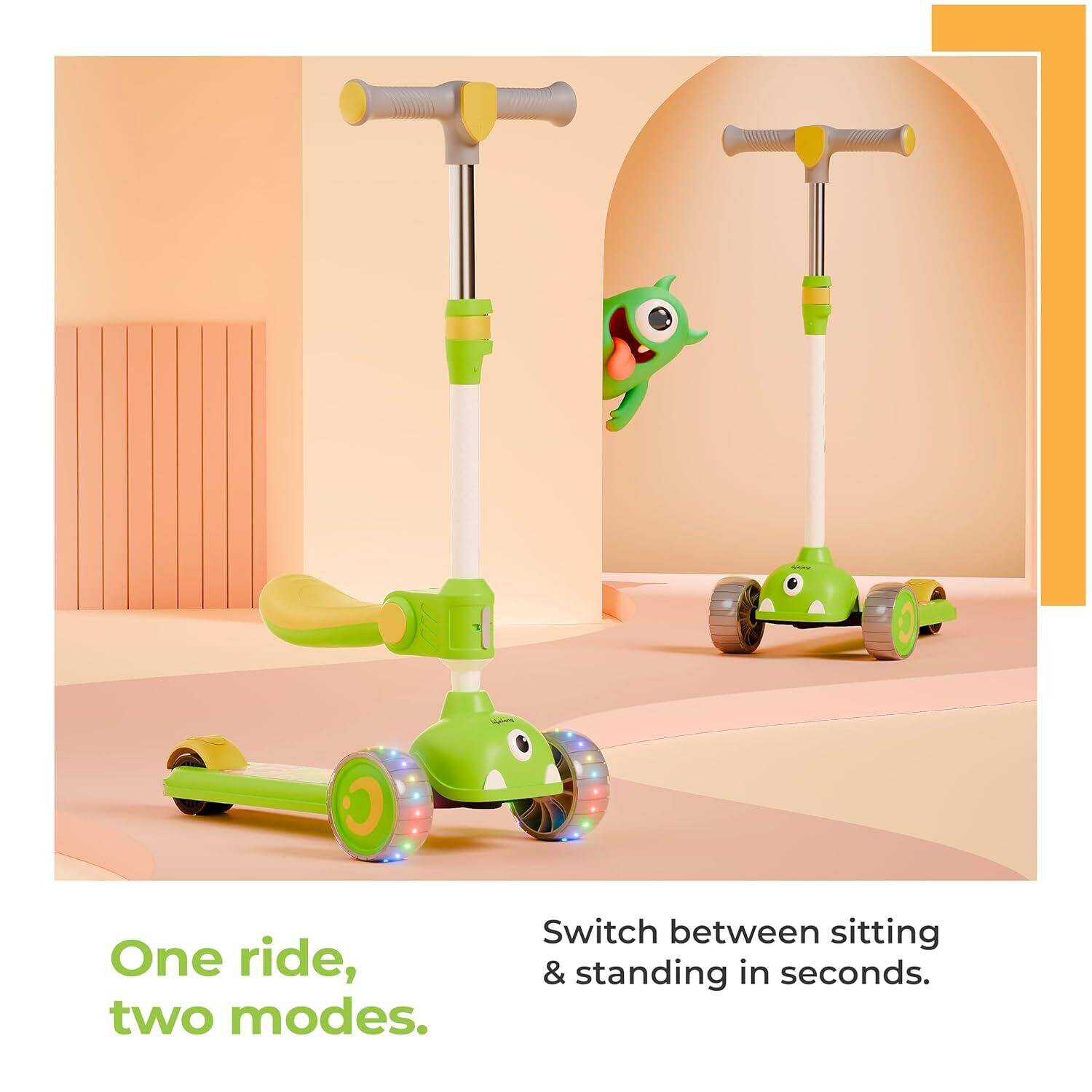 Lifelong Kids Scooter for Boys &amp; Girls | Foldable Seat | LED PU Wheels | 4-Level Adjustable Height | BIS Certified | 50Kg Capacity | PPCP Body, Nylon Base, Aluminum Handle (Green &amp; Yellow) -  2