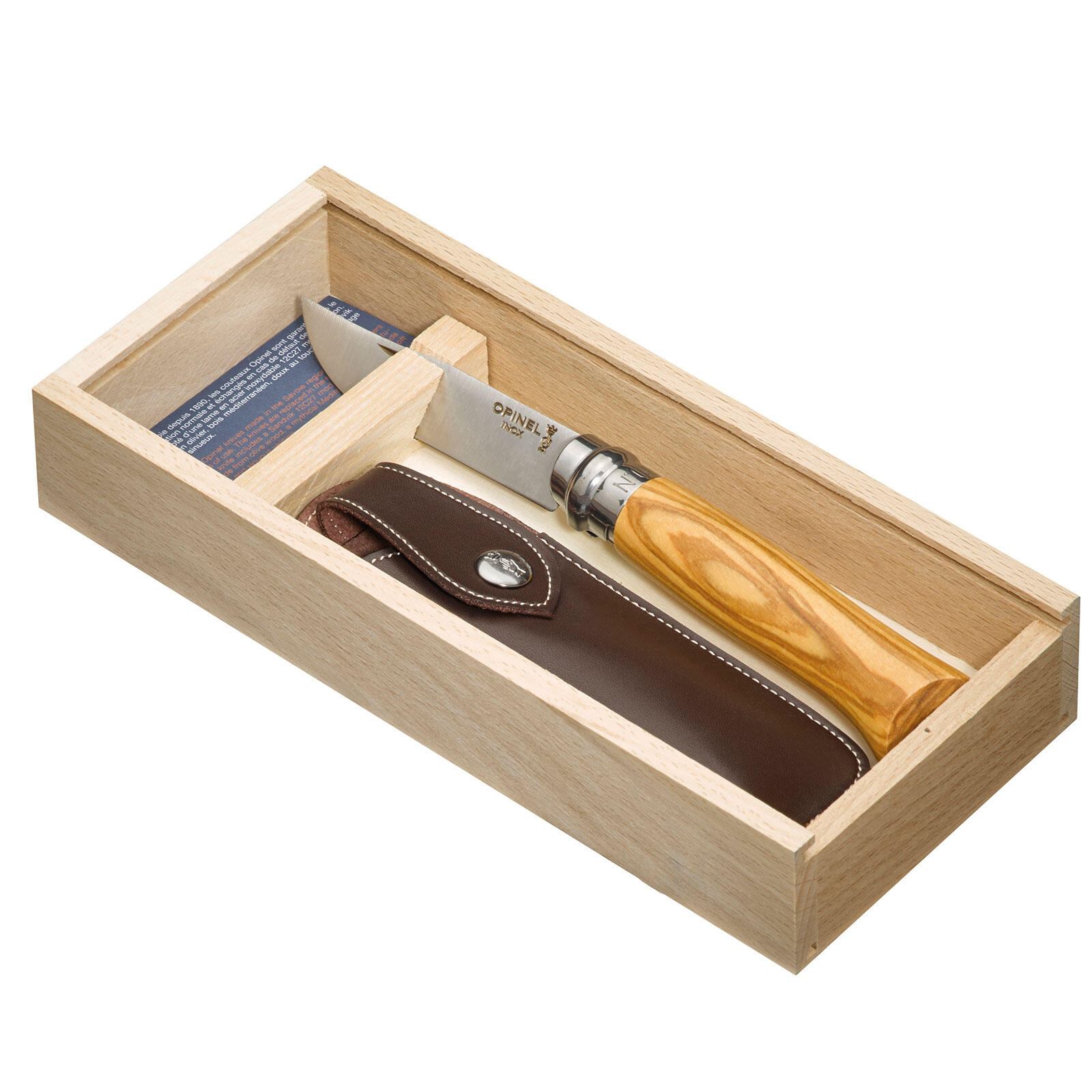 Set regalo coltello n. 8 + custodia pieghevole tascabile legno d'ulivo 4/7