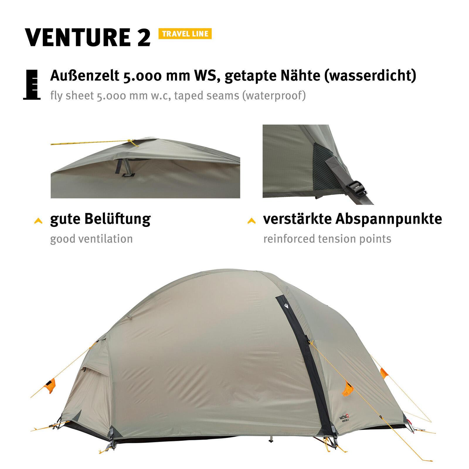 Trekkingzelt Venture 2 Personen Geodät Camping Fahrrad Zelt Biwak 2,6 kg 6/7