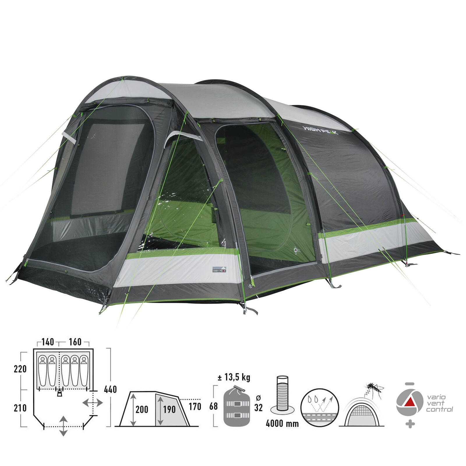 Tenda túnel High Peak Meran 5.0,piso costurado,altura livre de 2,0 m,impermeável 2/7
