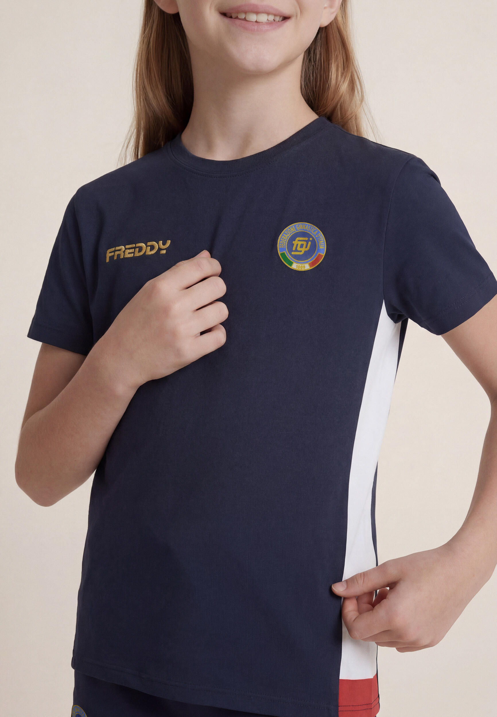 T-shirt pour enfants bleu avec détails tricolores, merchandising officielle de l 5/5