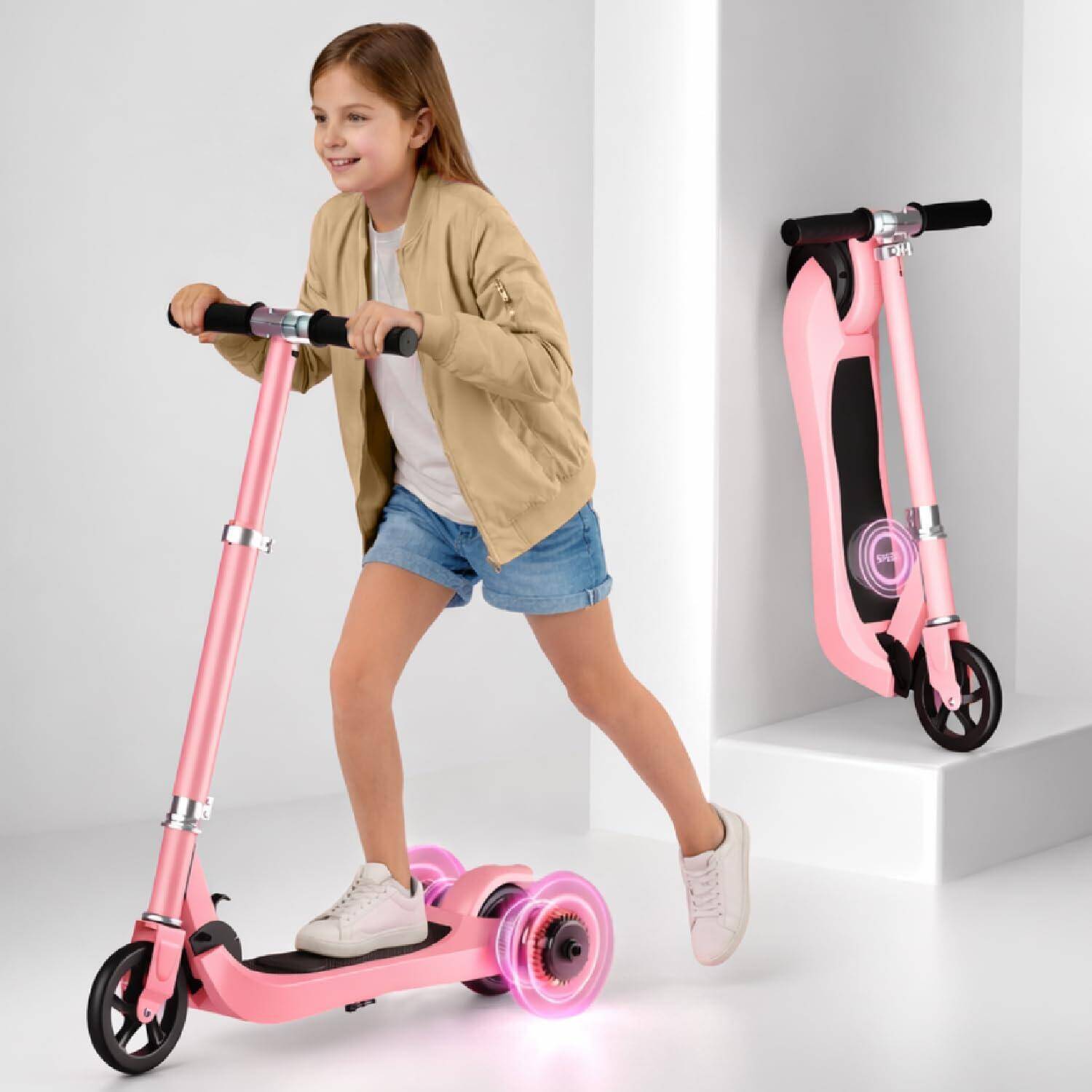Lifelong Kids Electric Scooter for 6-12 Years Age | with Rechargeable Battery, Adjustable Handle Height & Foldable Design | Safe Kids Scooter with Anti-Slip Deck (Pink) -  1