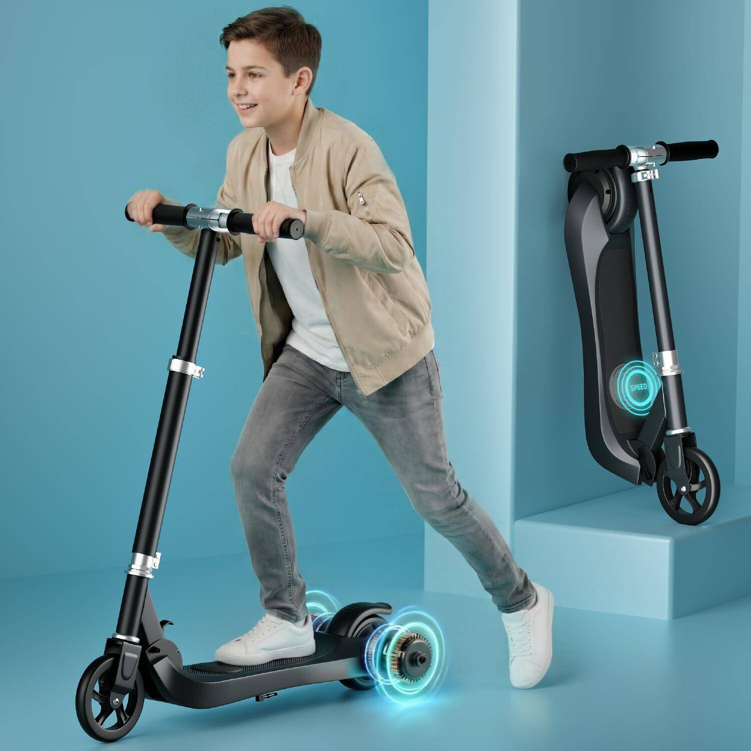 Lifelong Kids Electric Scooter for 6-12 Years Age | with Rechargeable Battery, Adjustable Handle Height & Foldable Design | Safe Kids Scooter with Anti-Slip Deck (Black) -  1