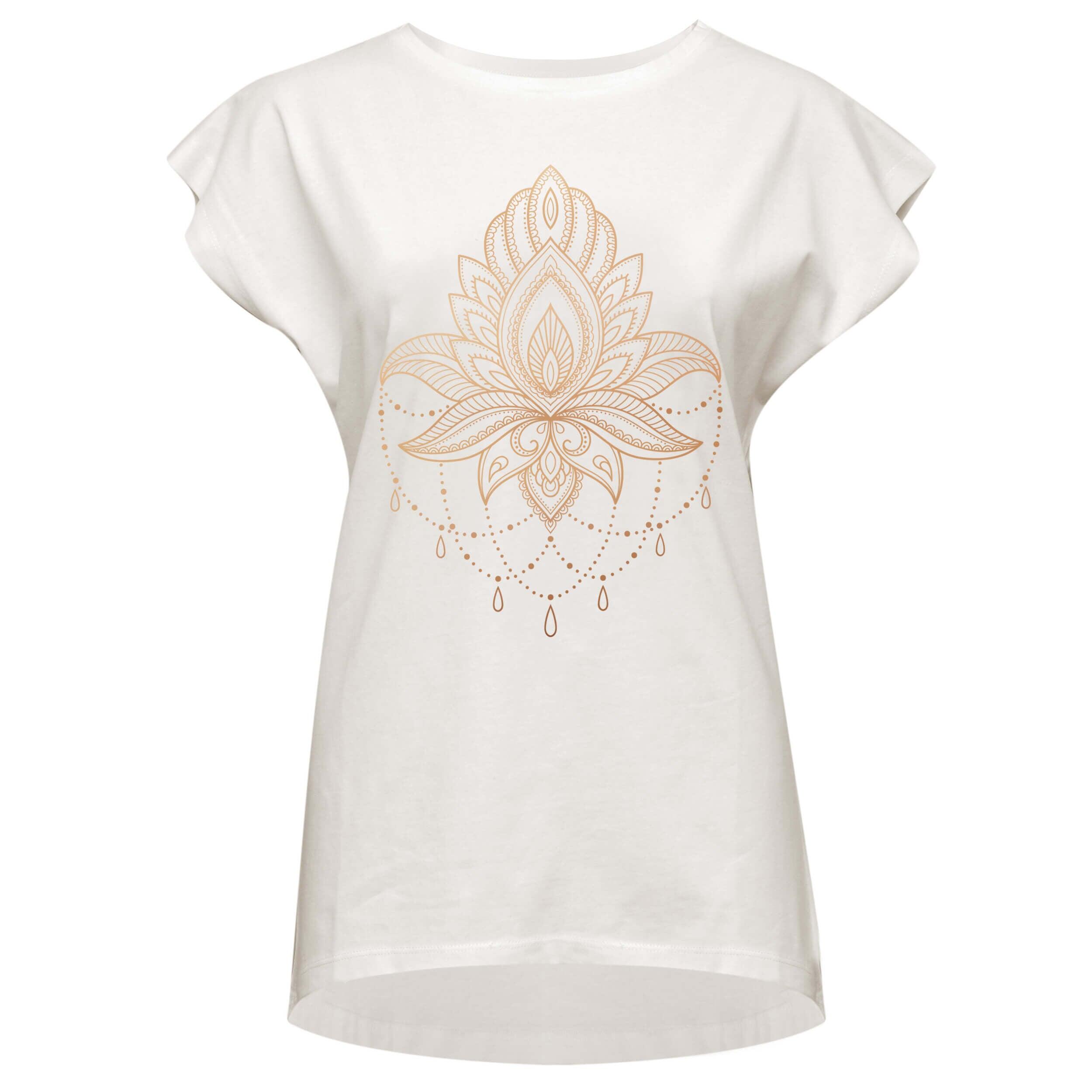 Yoga-T-Shirt Batwing „celestial flower“ - ivory/copper 3/4