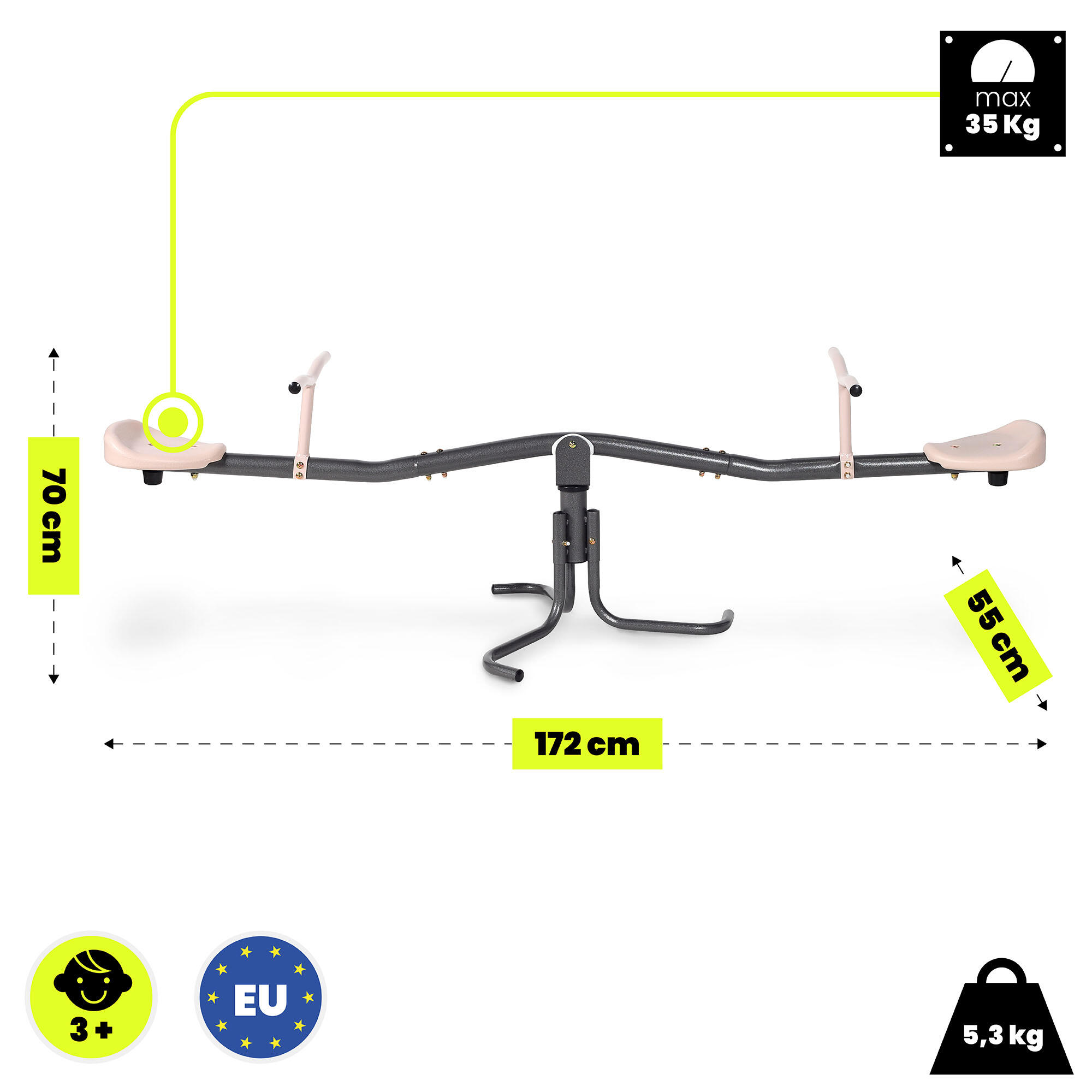 Portique balançoire bascule 2-en-1 Rotation 360° Acier 172x55x70cm 70kg EN71 6/7