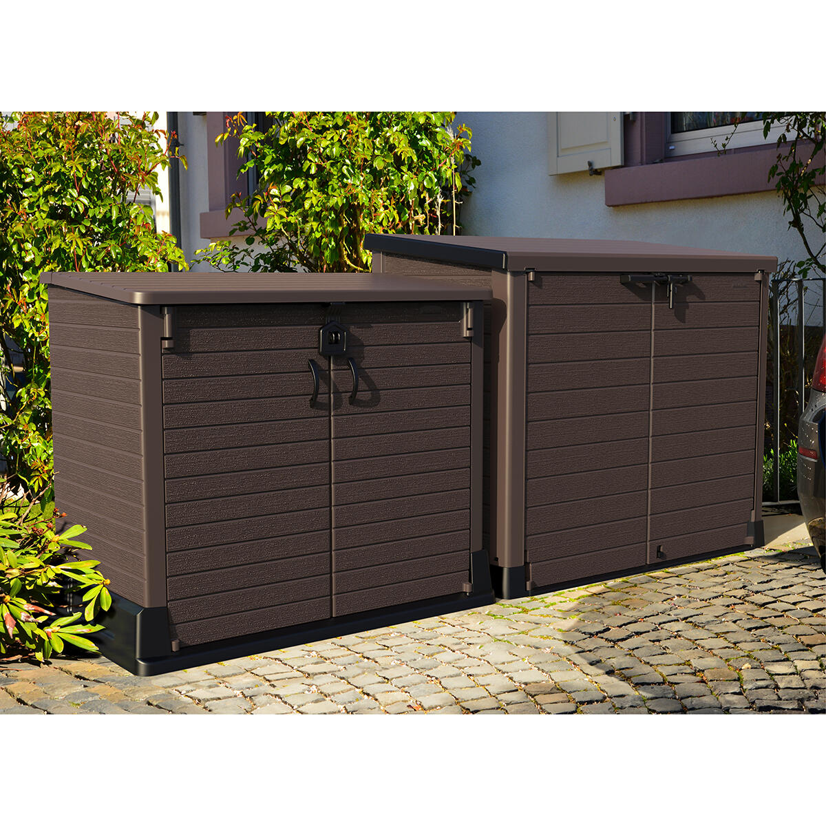 Arcón cubre cubos exterior 1200 L PVC marrón 2/7