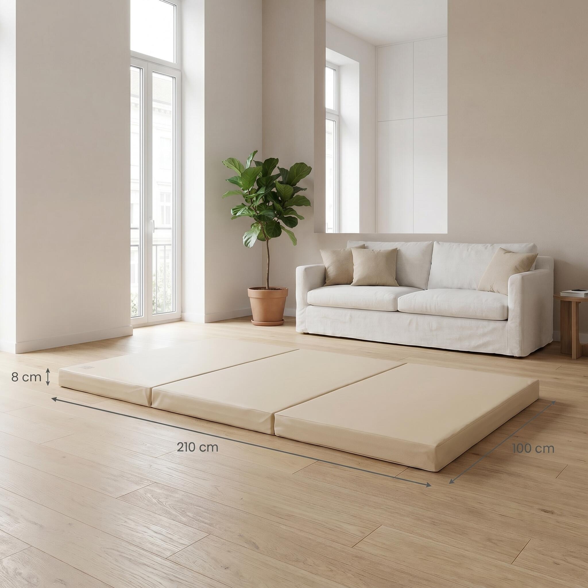 Tapis de gymnastique 210 x 100 x 8 cm, beige, tapis de sol souple et pliable, Je 6/7