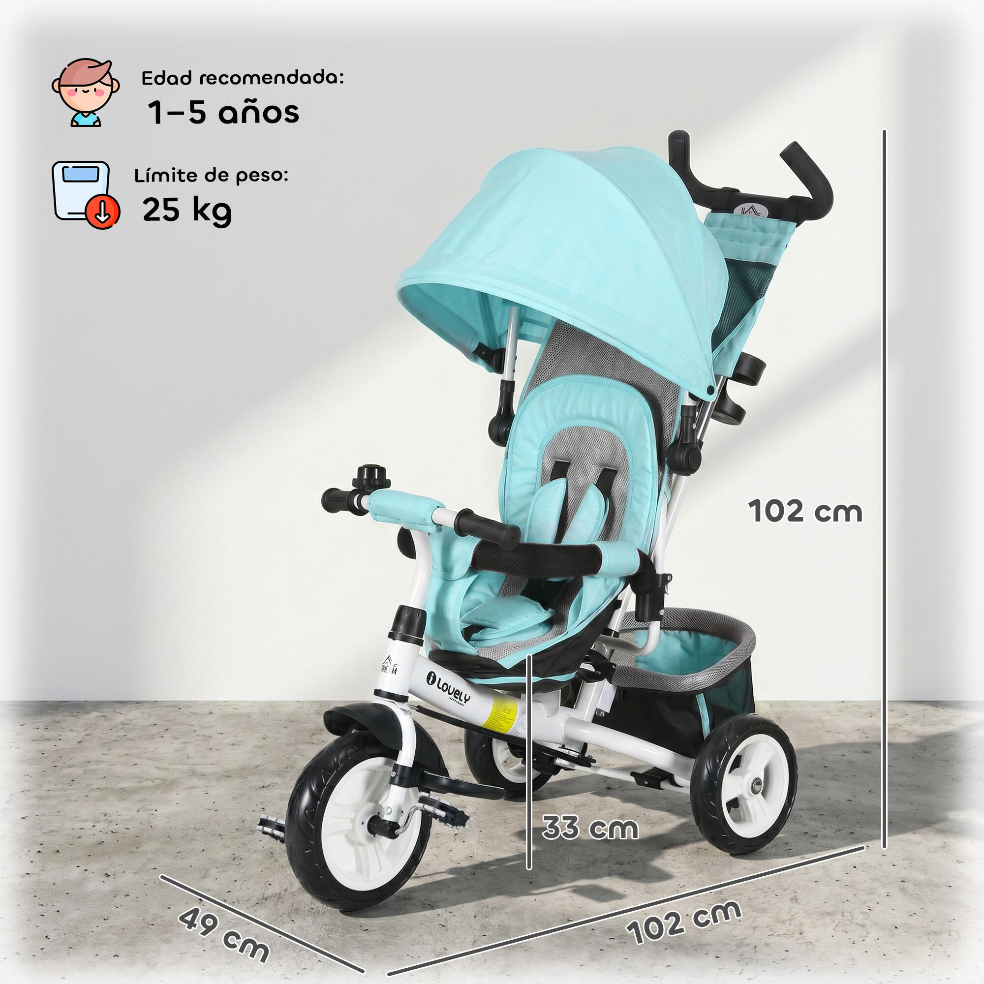 Triciclo para bebés 102x49x102 cm verde água HOMCOM 3/5