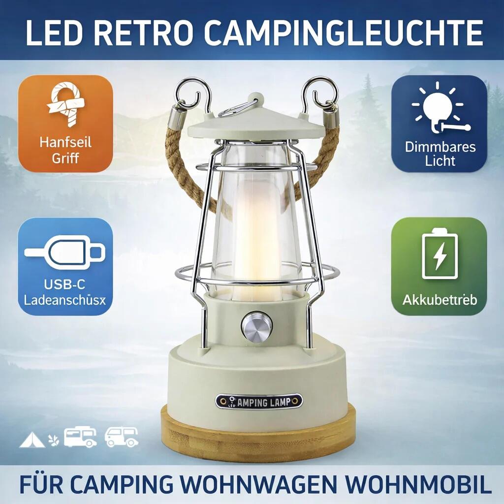 LED Campingleuchte Retro Dimmbar Akku Lampe mit USB Kabel 3/7