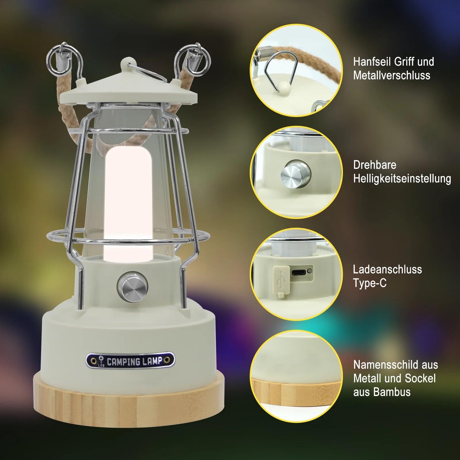 LED Campingleuchte Retro Dimmbar Akku Lampe mit USB Kabel 4/7