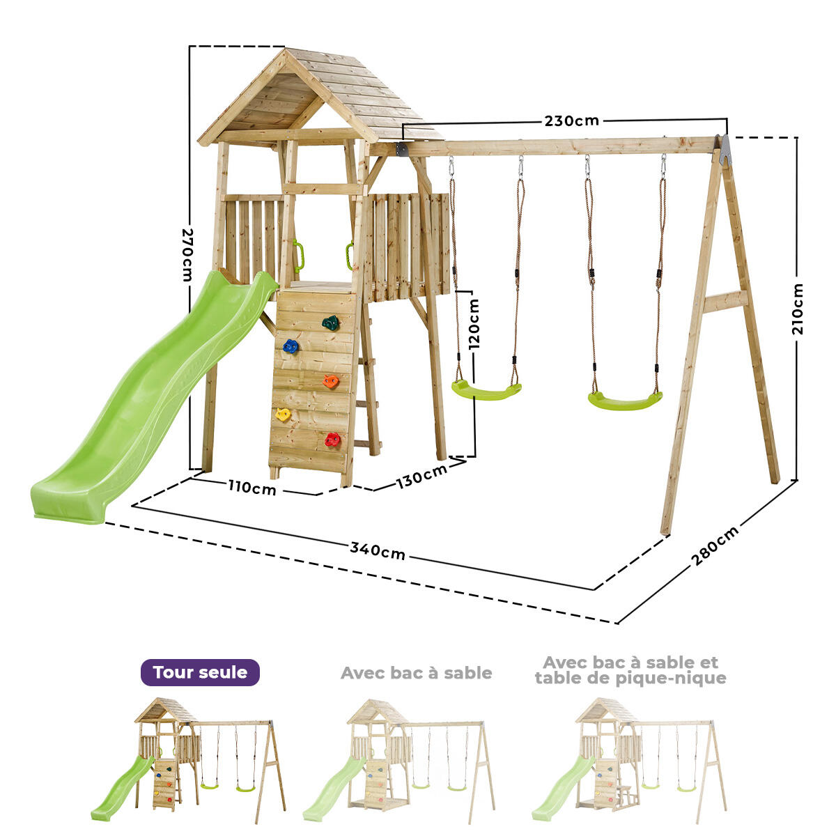 Houten speeltuin, 2 schommels, glijbaan, klimwand, houten speelhuisje 3/5
