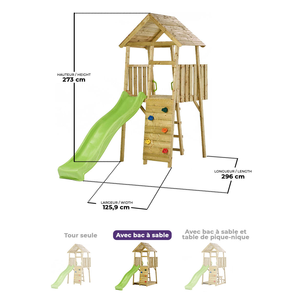 Torre giochi in legno: scivolo, parete da arrampicata, casetta e sabbiera WIKI 3/5