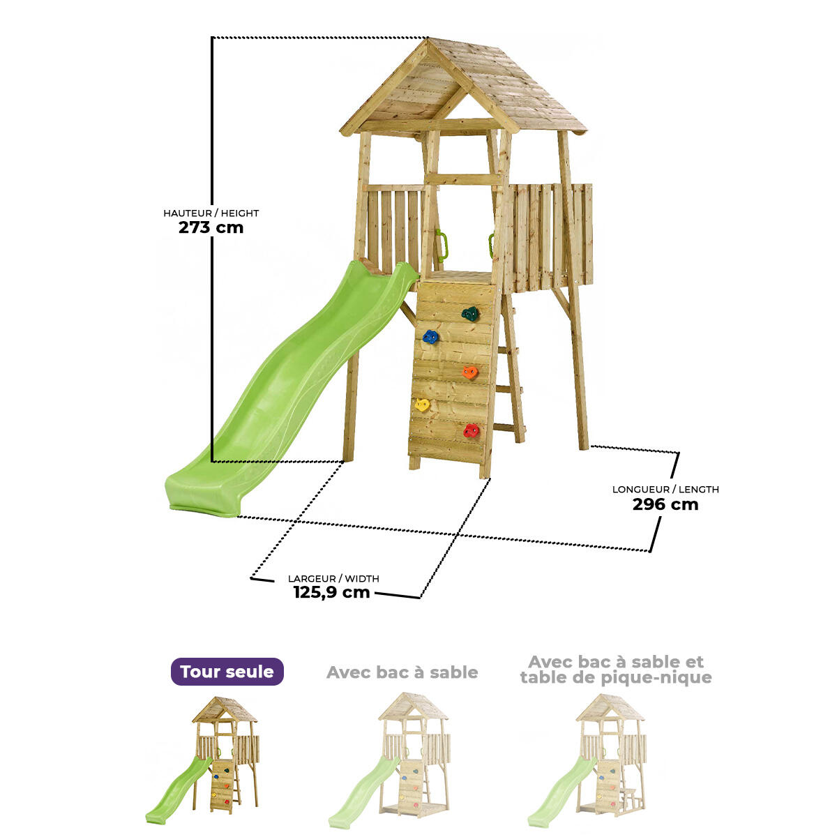 Torre de juegos de madera: tobogán, rocódromo, casita de juegos WIKI 3/5