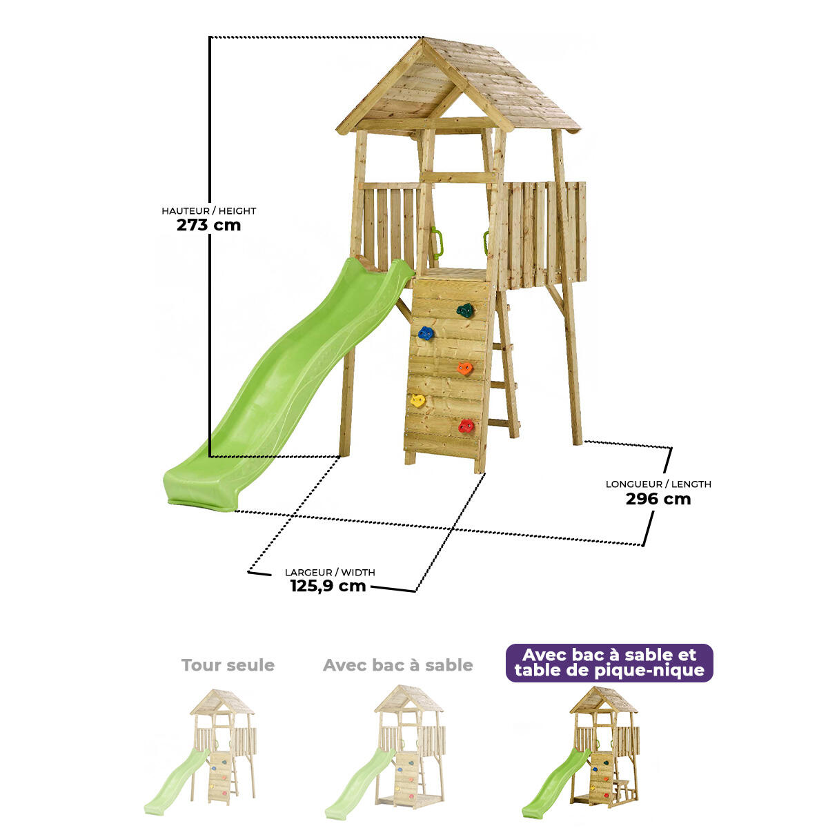 Torre da gioco in legno WIKI - Scivolo, arrampicata, cabina, tavolo e sabbiera 4/5