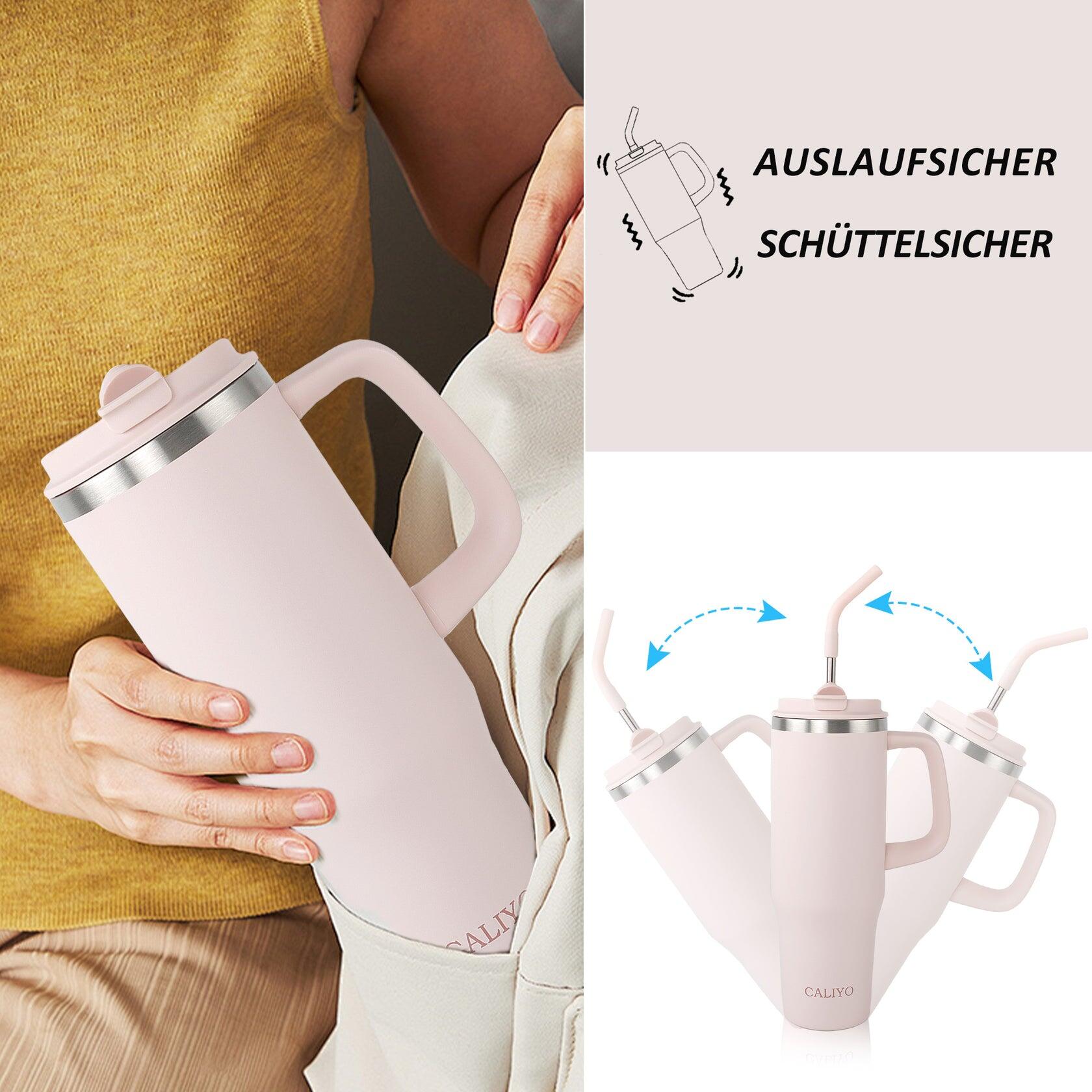 Thermobecher 1,2 Liter Rosa extrem Isolierend Becher mit Strohhalm aus Edelstahl 3/7
