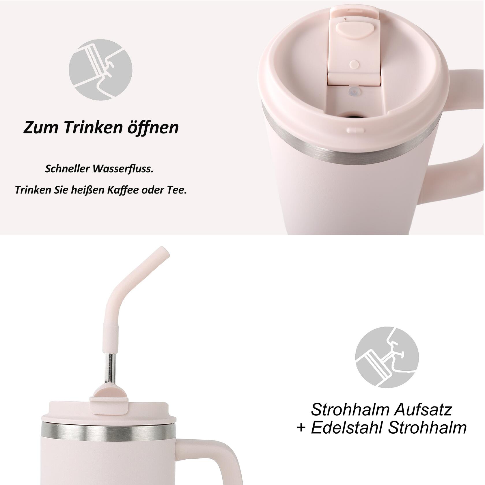Thermobecher 1,2 Liter Rosa extrem Isolierend Becher mit Strohhalm aus Edelstahl 7/7