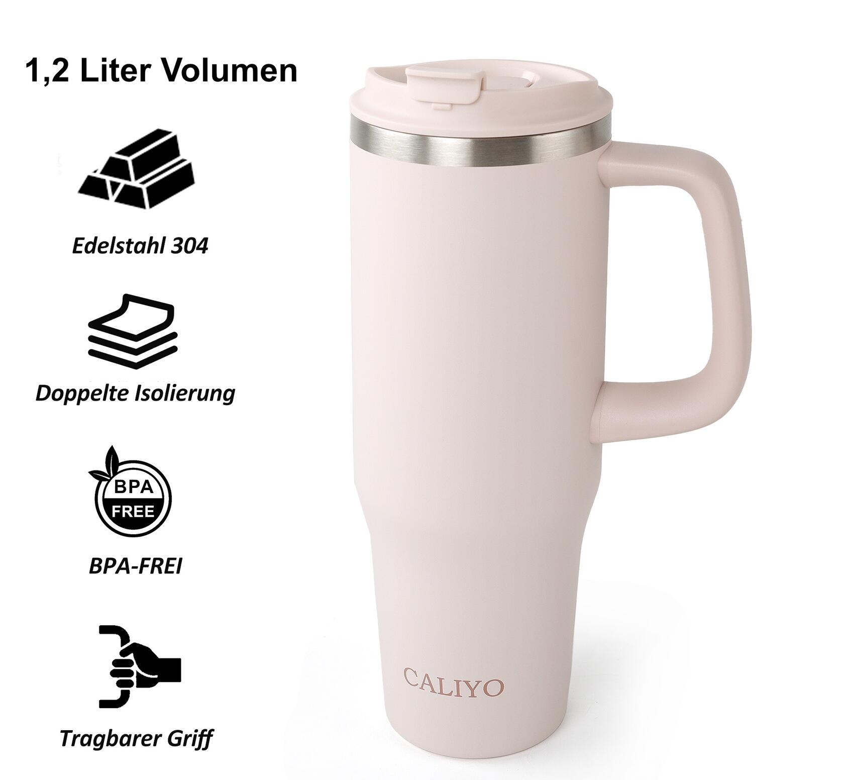 Thermobecher 1,2 Liter Rosa extrem Isolierend Becher mit Strohhalm aus Edelstahl 6/7