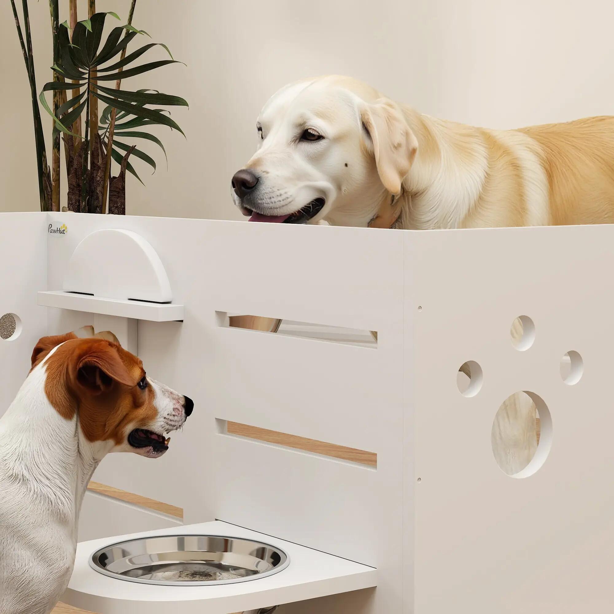 Comedero Perros Elevado PawHut 63x58.5x40 cm Blanco 5/5