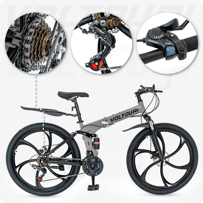 Bicicletă MTB VOLTOURI, solidă, pliabilă, 26 inch, Shimano 21 viteze, gri