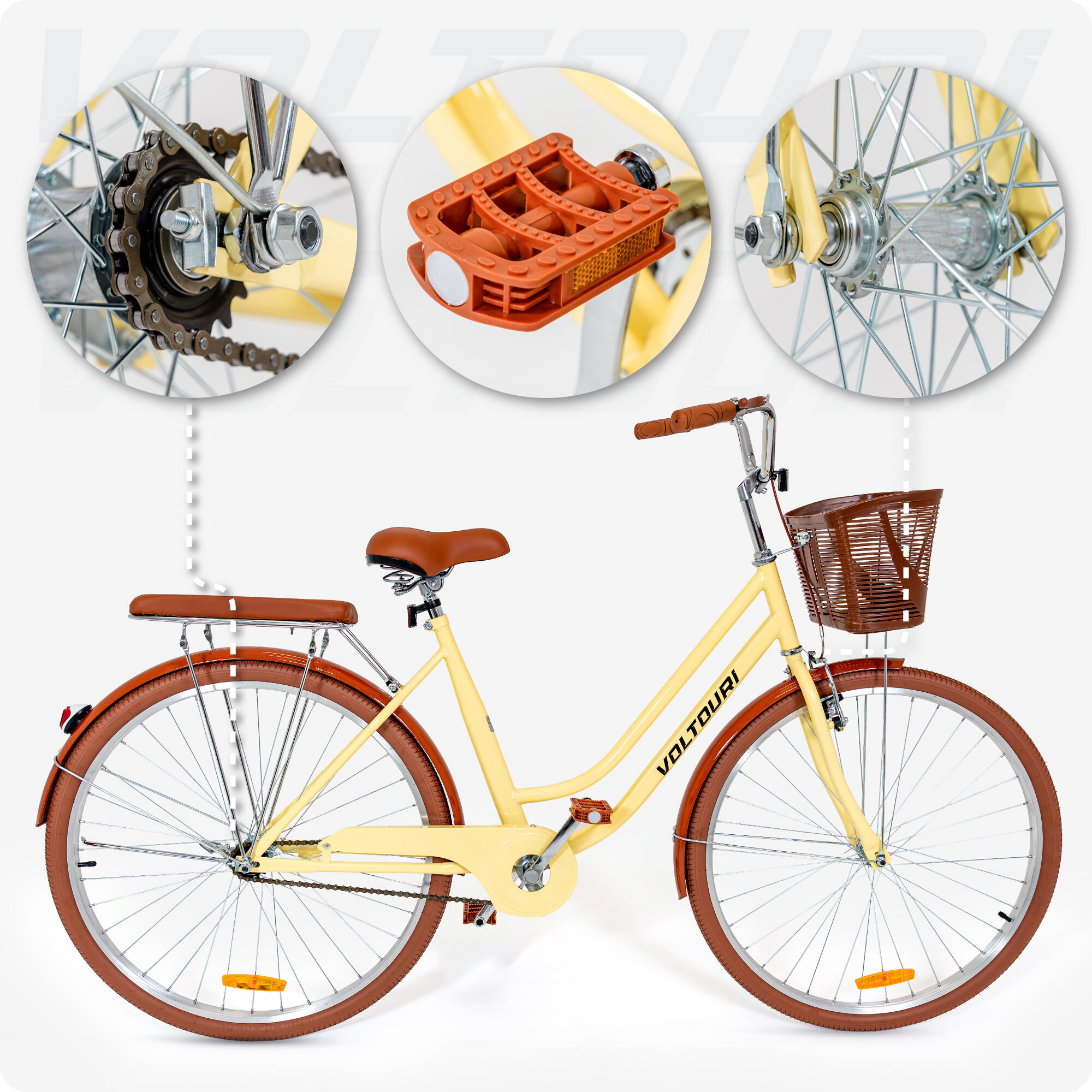 VOLTOURI BK14 Citybike 28 Zoll, mit Korb, Gepäckträger, Retro-Stil 3/8