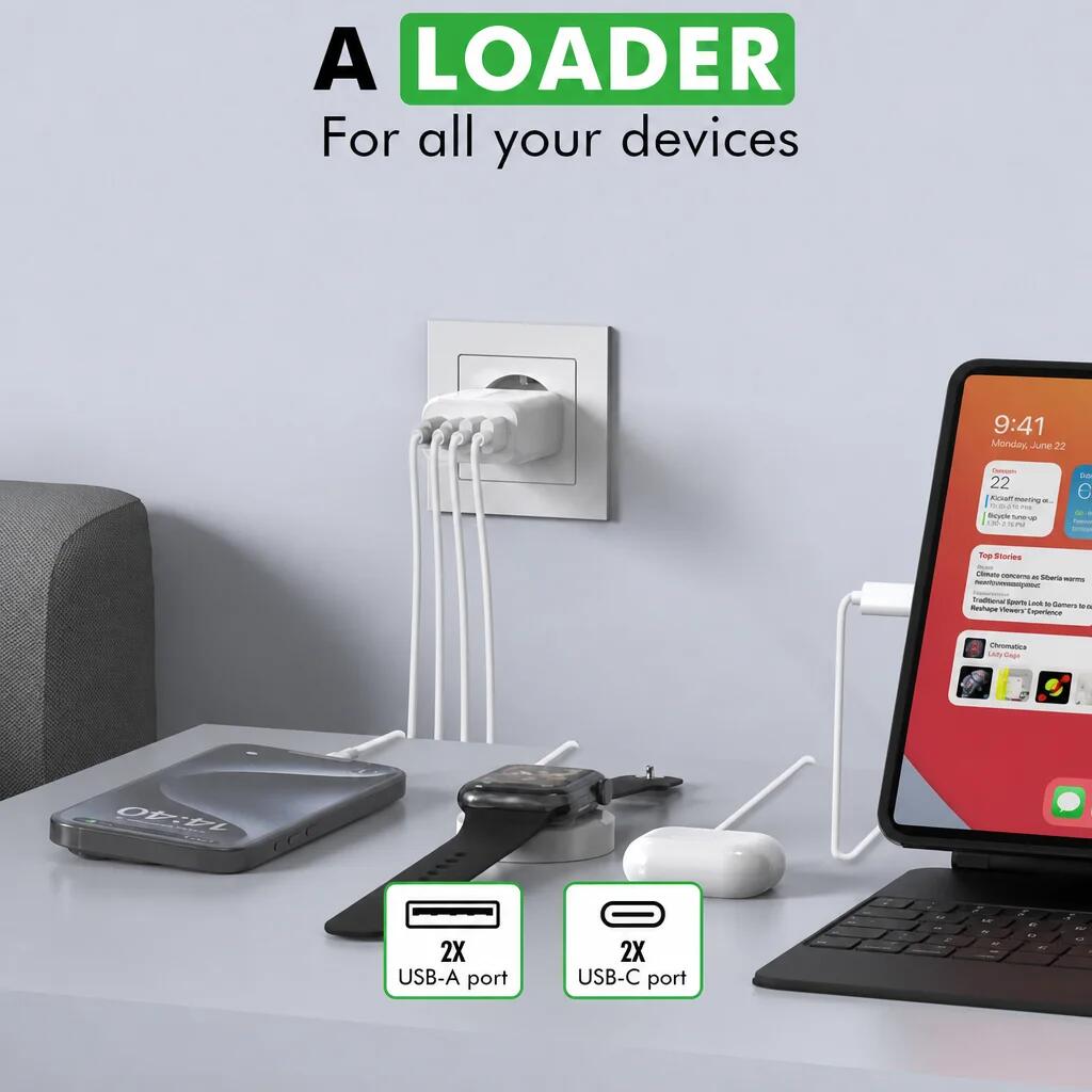 Carregador USB-C – Carregador rápido de 4 portas (2×USB-A e 2×USB-C) 3/7