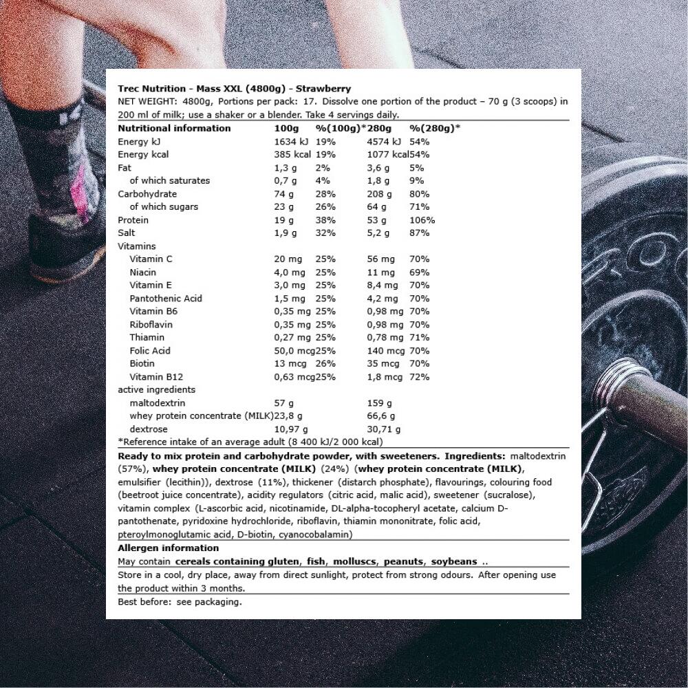 Trec Nutrition Mass XXL (4800g) Strawberry - Gewichtstoename - Zonder Creatine 3/3