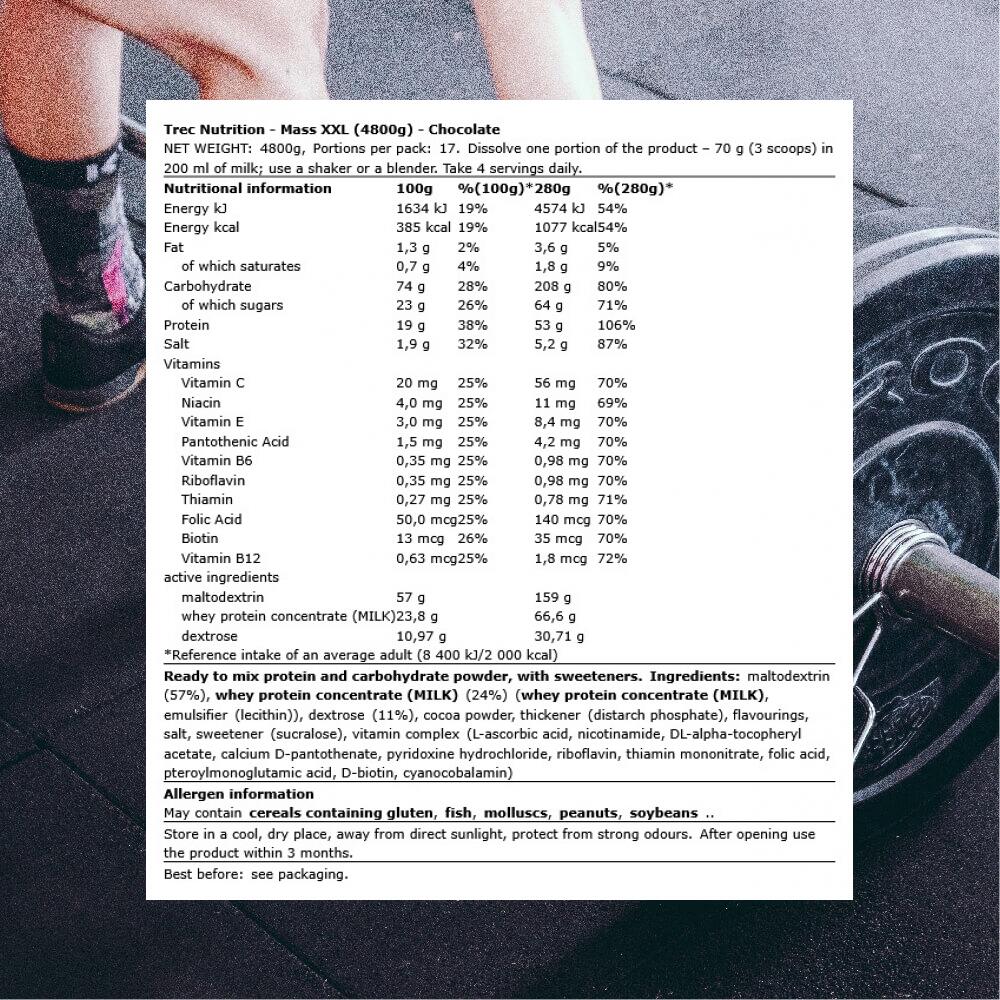 Trec Nutrition Mass XXL (4800g) Chocolate - Gewichtstoename - Zonder Creatine 3/3