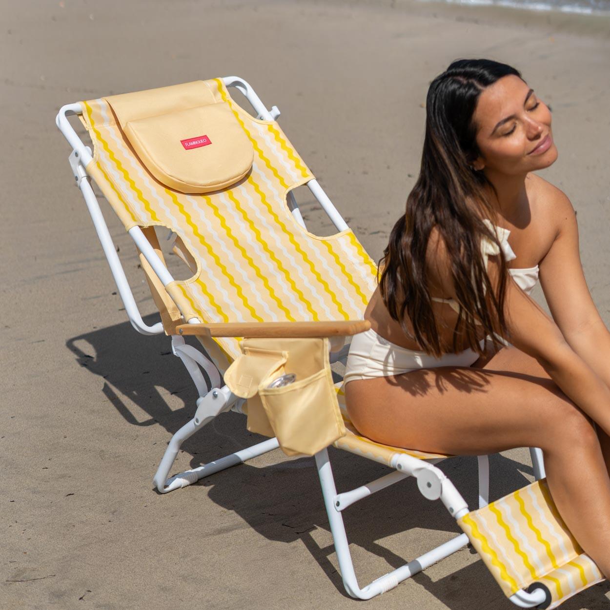 Flamingueo silla playa reclinable reposapiés aluminio amarillo 3/4