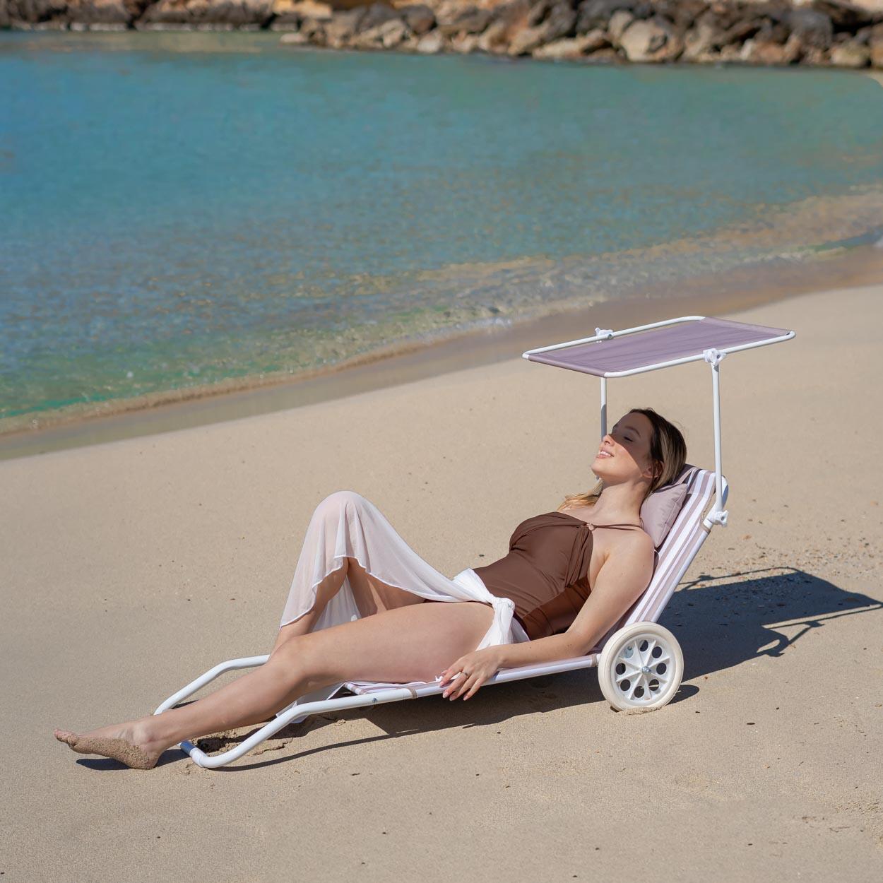 Flamingueo silla playa tumbona plegable parasol poliéster beige 2/7