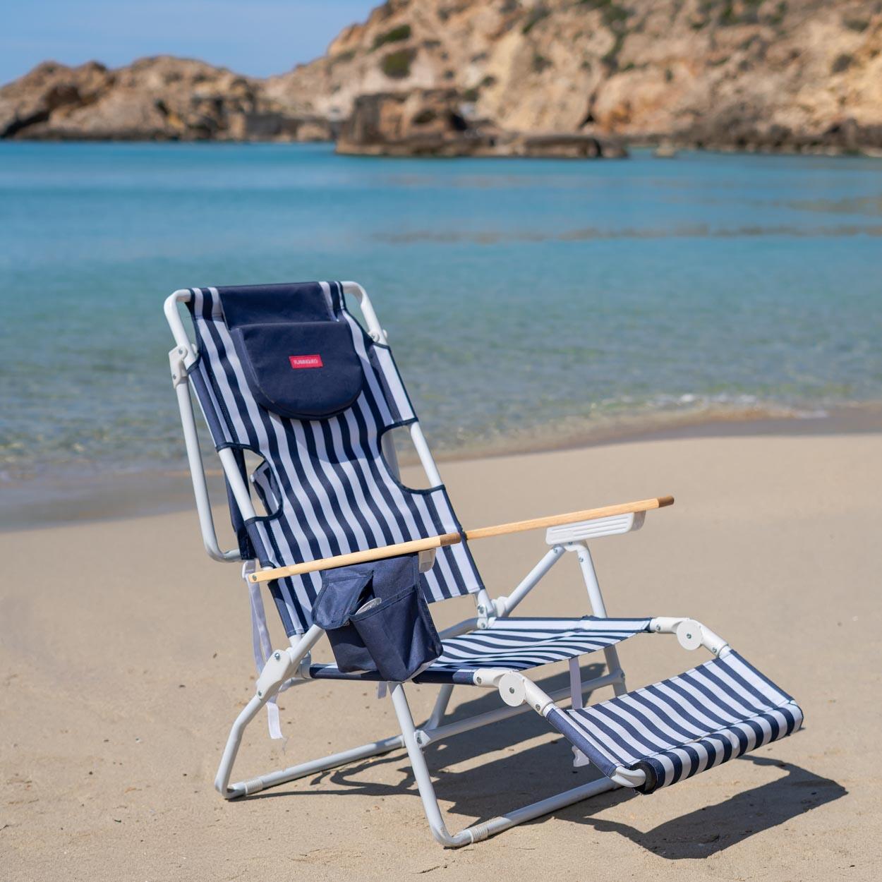 Flamingueo silla playa reclinable reposapiés aluminio azul 2/7