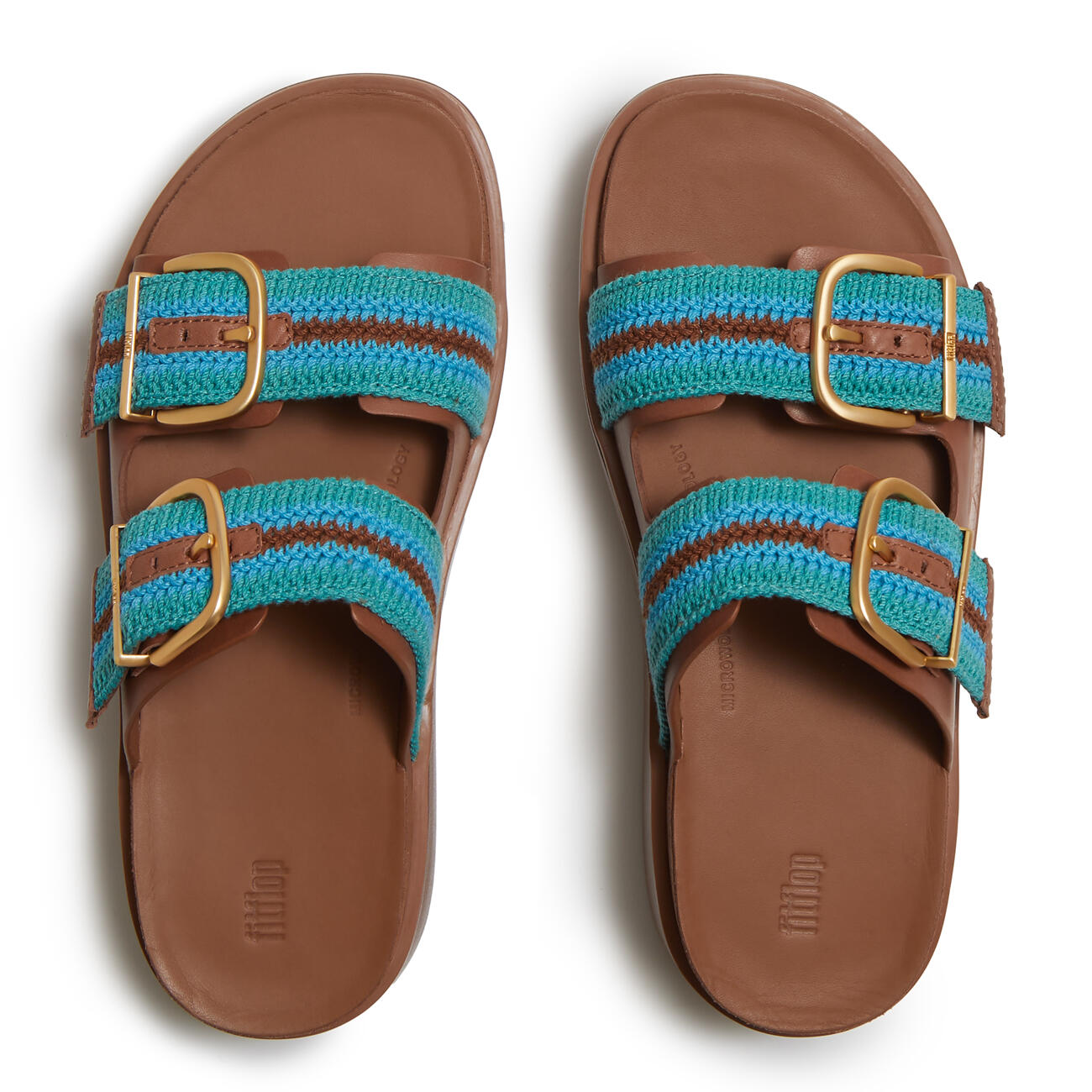 FITFLOP FitFlop Gen-FF Max Buckle Stripe-Webbing Two-Bar Slides  DIEPBRUIN/TEAL 5/7