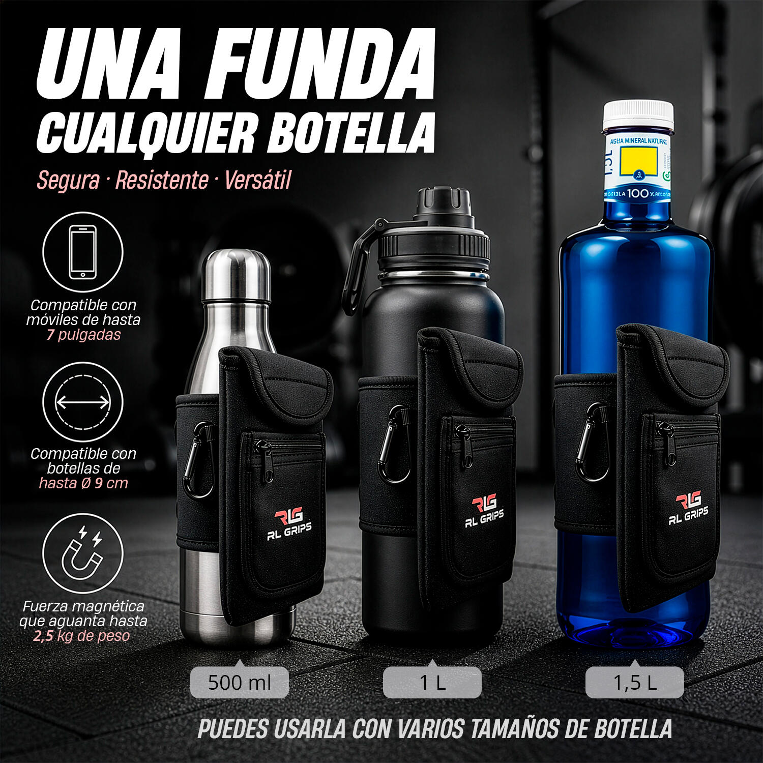 Funda Magnética Porta Botella, Móvil y Llaves (Botella 600 ml Incluida) RL Grips 7/7