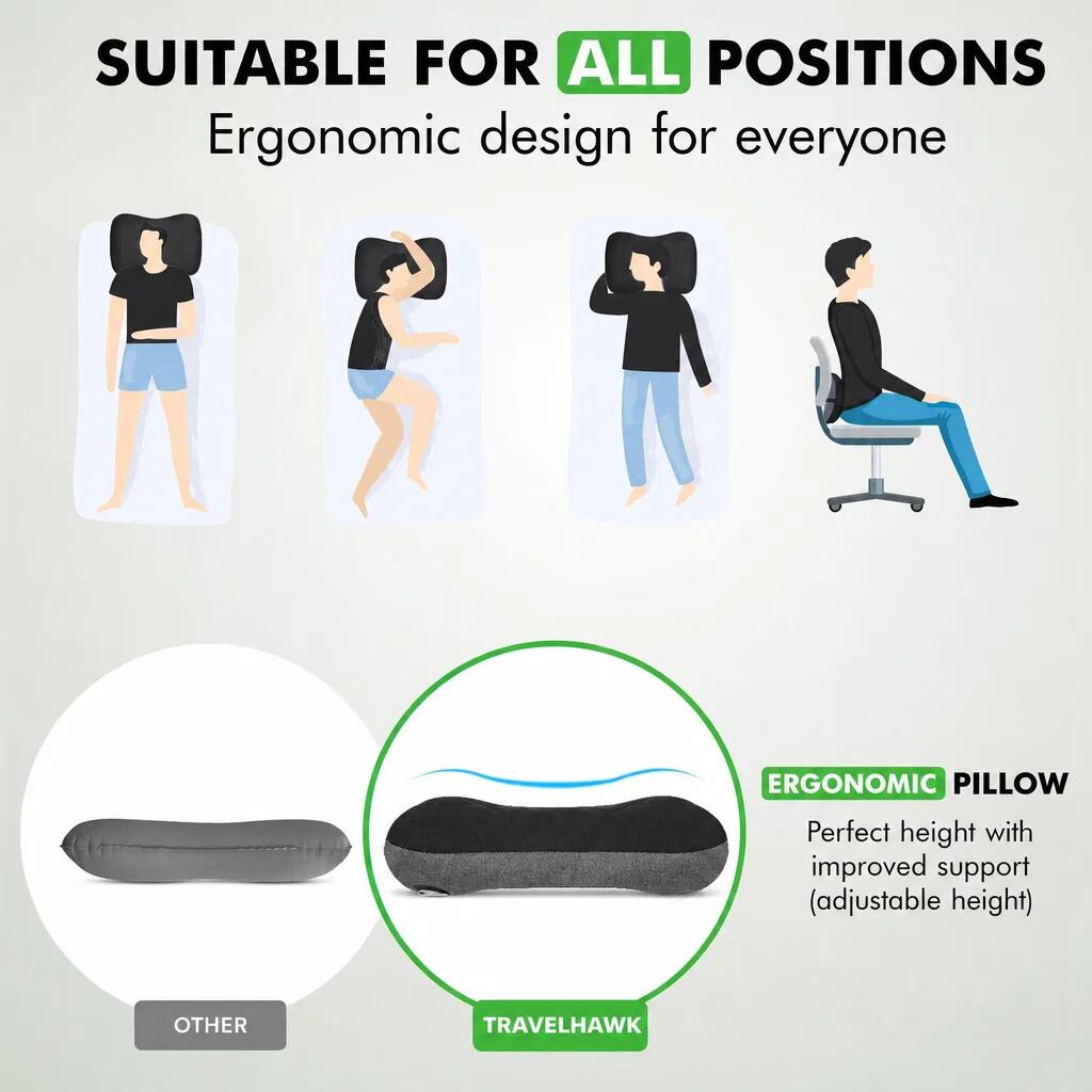 Almohada de viaje inflable y ligera de color negro. 3/6