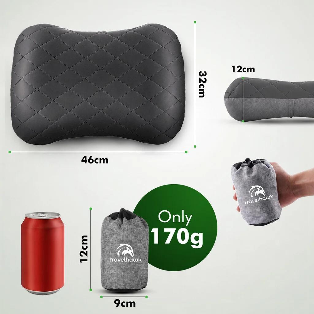 Almohada de viaje inflable y ligera de color negro. 2/6