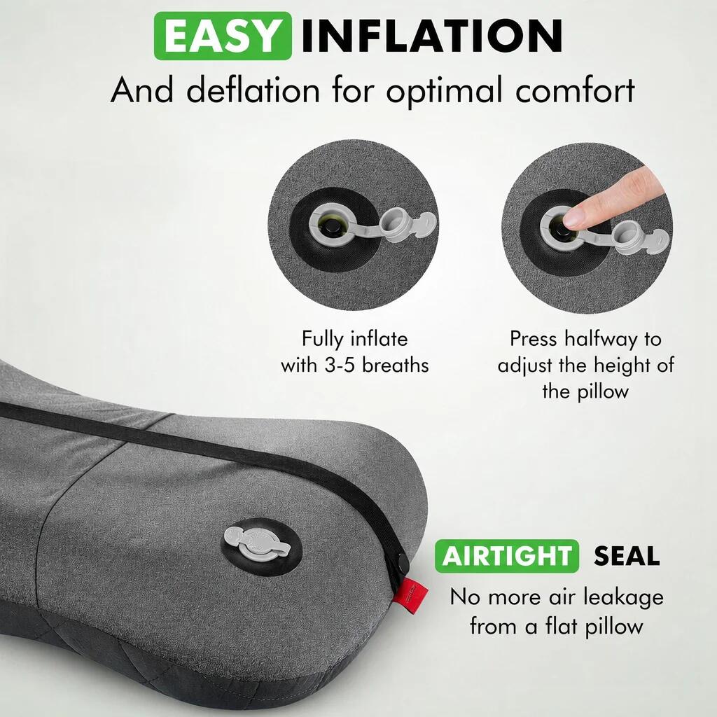 Almohada de viaje inflable y ligera de color negro. 4/6
