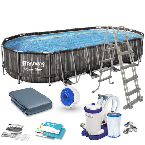 Piscine tubulaire Power Steel décor bois ovale 7,32 x 3,66 x 1,22 m