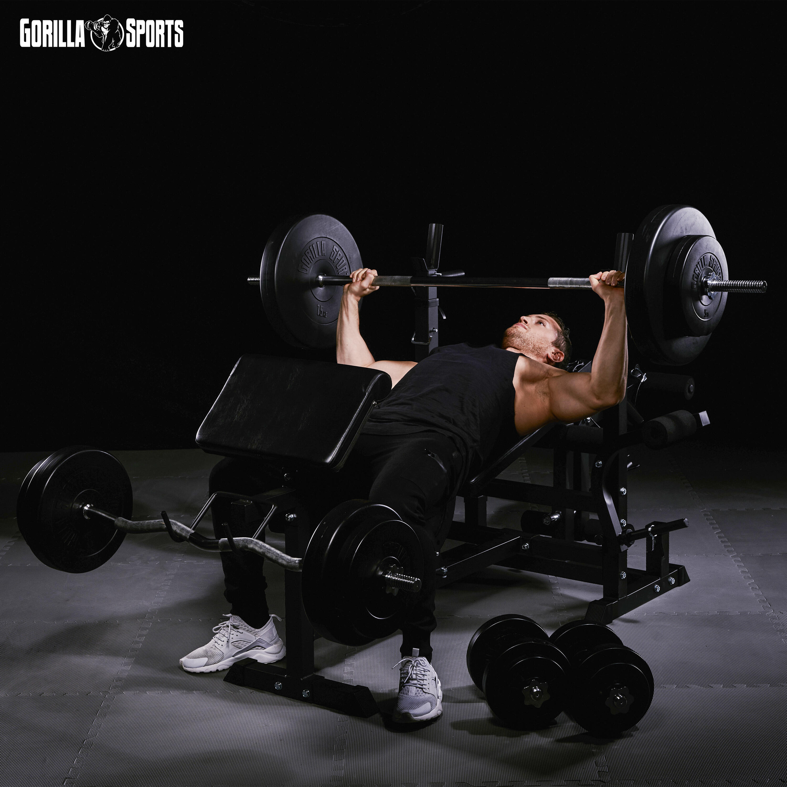 Fitnessbank Zwart Met Gewichten 100 kg - Lat Pulley - Puzzelmat - Complete Set 3/7
