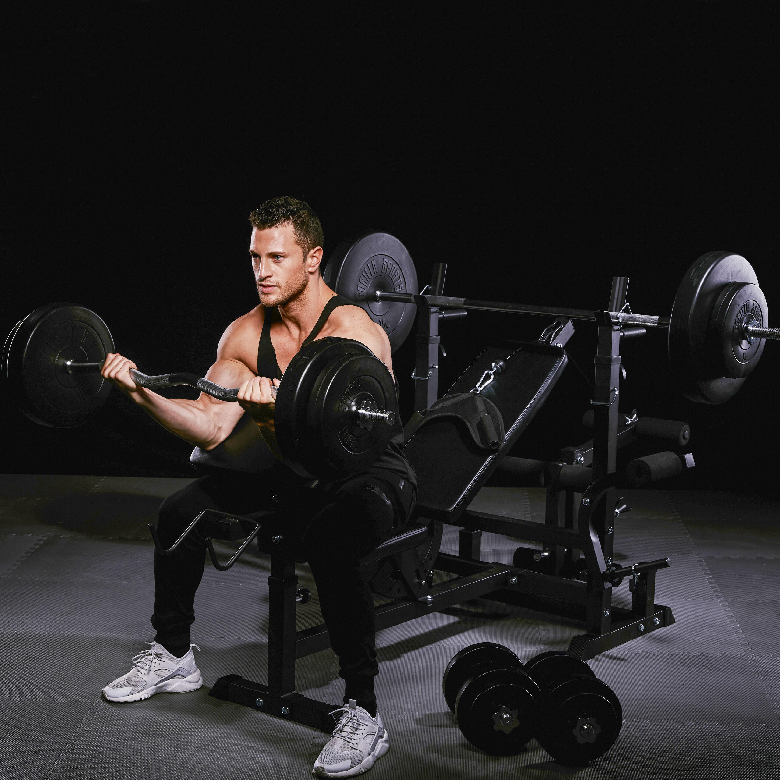Fitnessbank Zwart Met Gewichten 100 kg - Lat Pulley - Puzzelmat - Complete Set 4/7