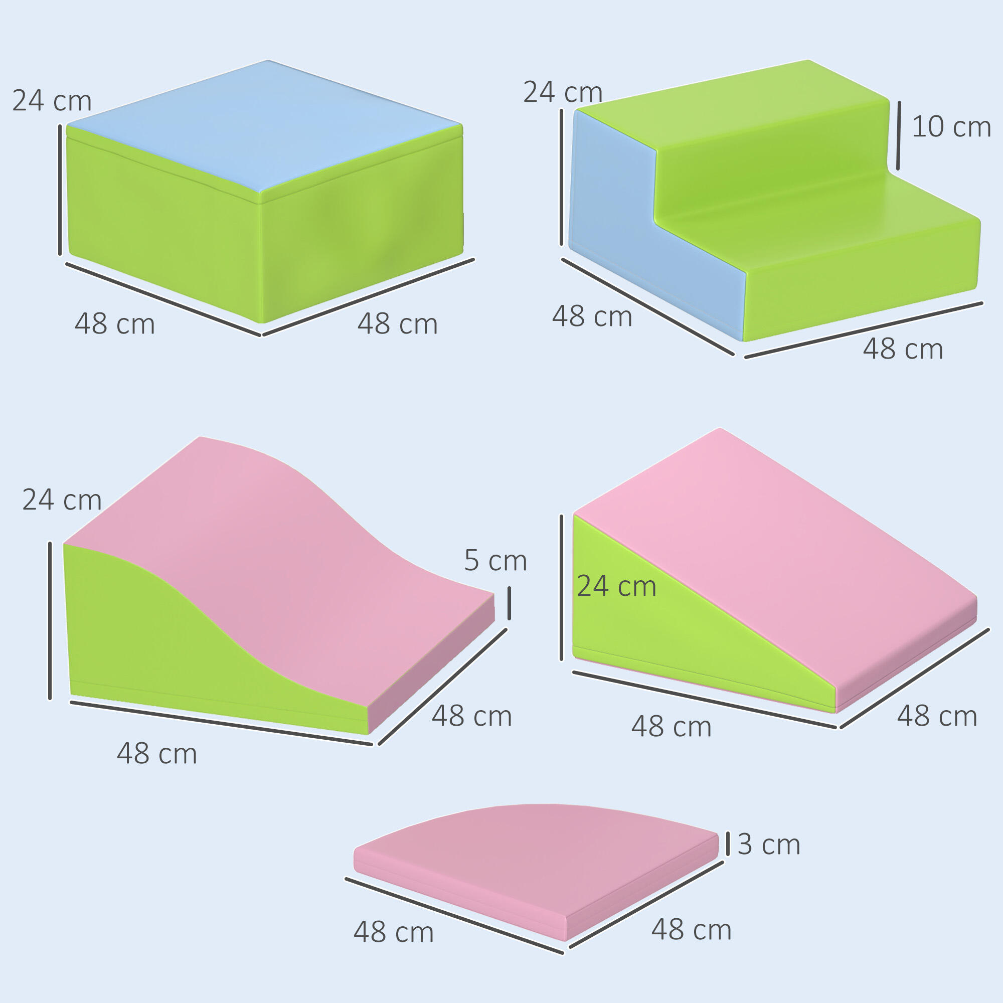 Bloques de Espuma HOMCOM 150x100x24 cm Rosa claro, Verde claro, Azul hielo 3/8