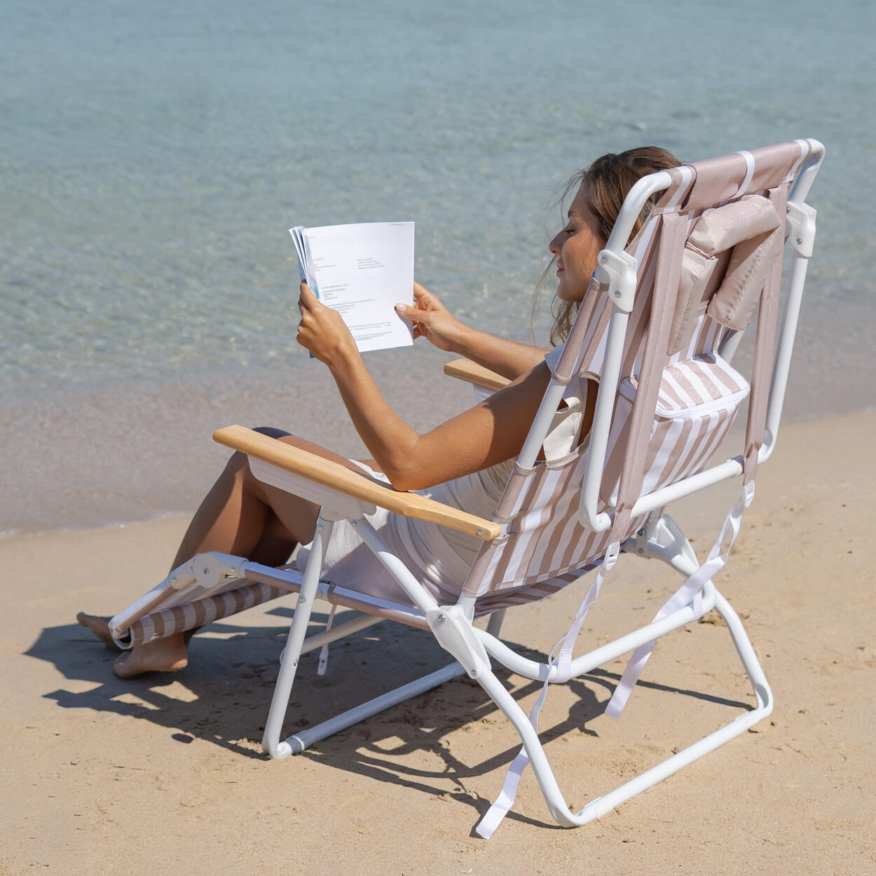 Flamingueo silla playa reclinable reposapiés aluminio beige 6/7