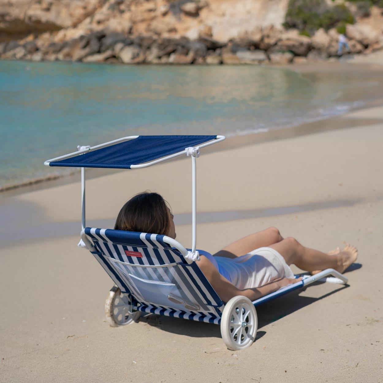 Flamingueo silla playa tumbona plegable parasol poliéster azul 6/6